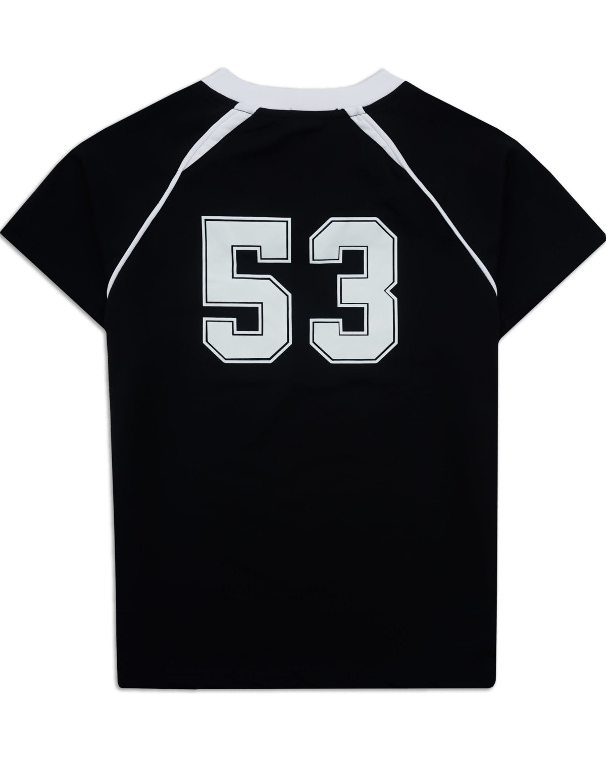 A black short-sleeve raglan-style athletic jersey with white shoulder panels and a large white number 53 outlined in black on the back.