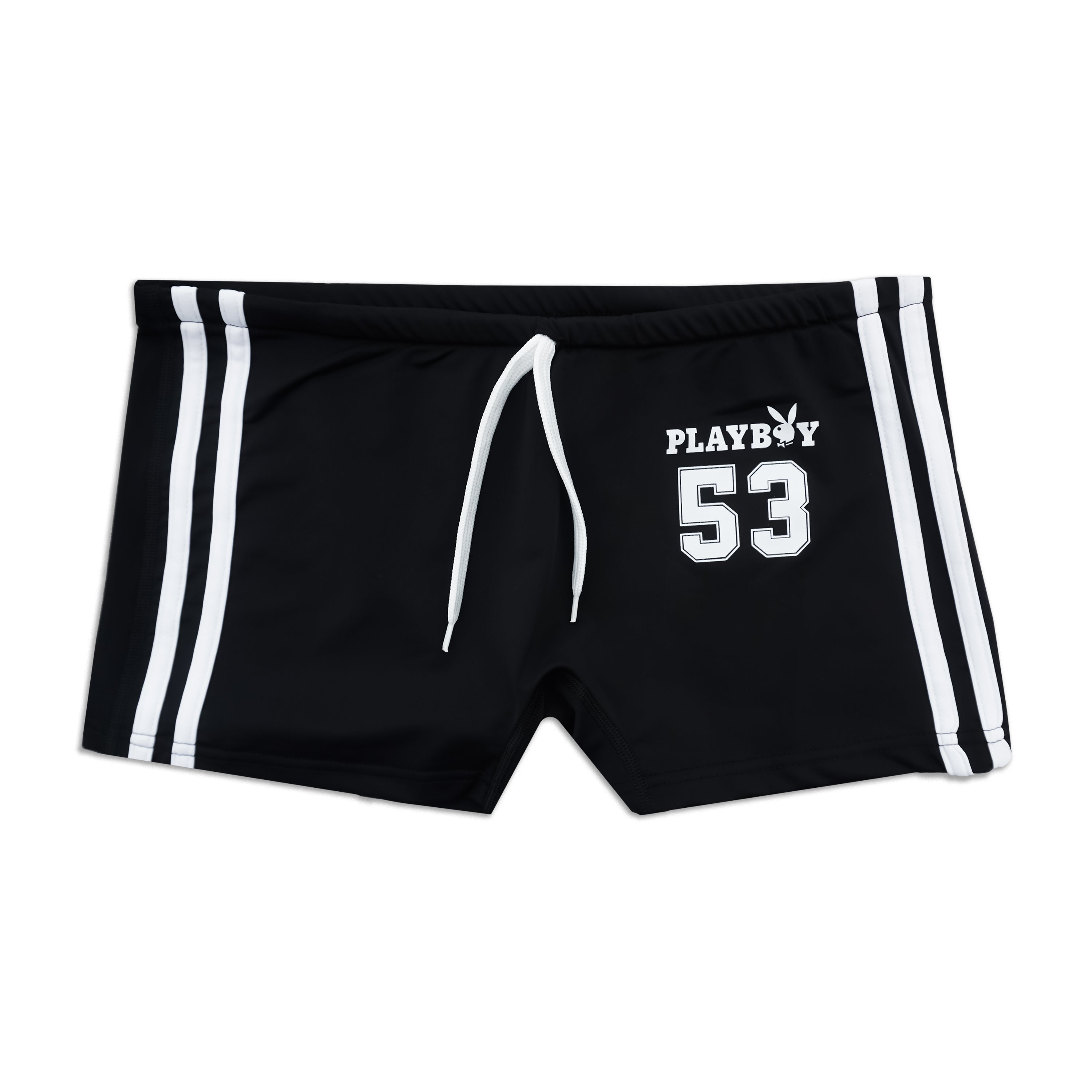 Black athletic shorts with white double side stripes, a white drawstring, and a white 'PLAYBOY 53' logo on the left leg, shown against a plain white background.
