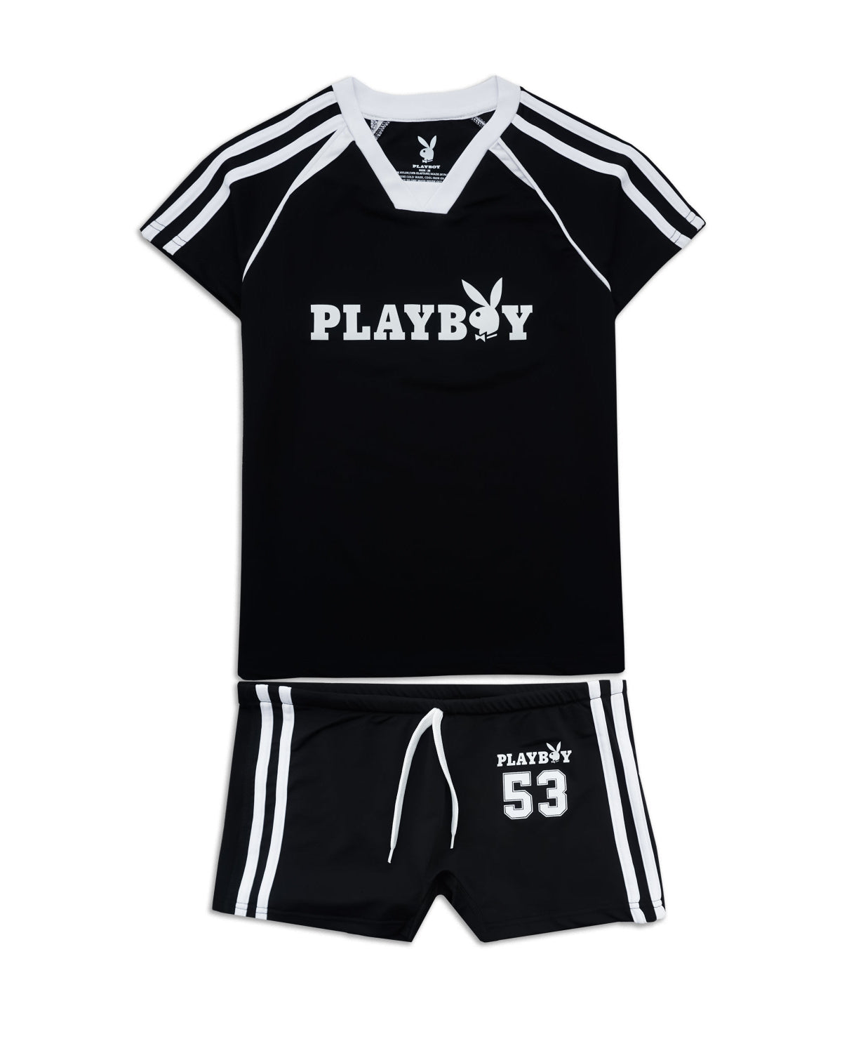 A black two-piece athletic set featuring a short-sleeve V-neck jersey and matching shorts. The jersey has white shoulder stripes, a white v-neck trim, and a white 'PLAYBOY' logo with the bunny emblem across the chest.
