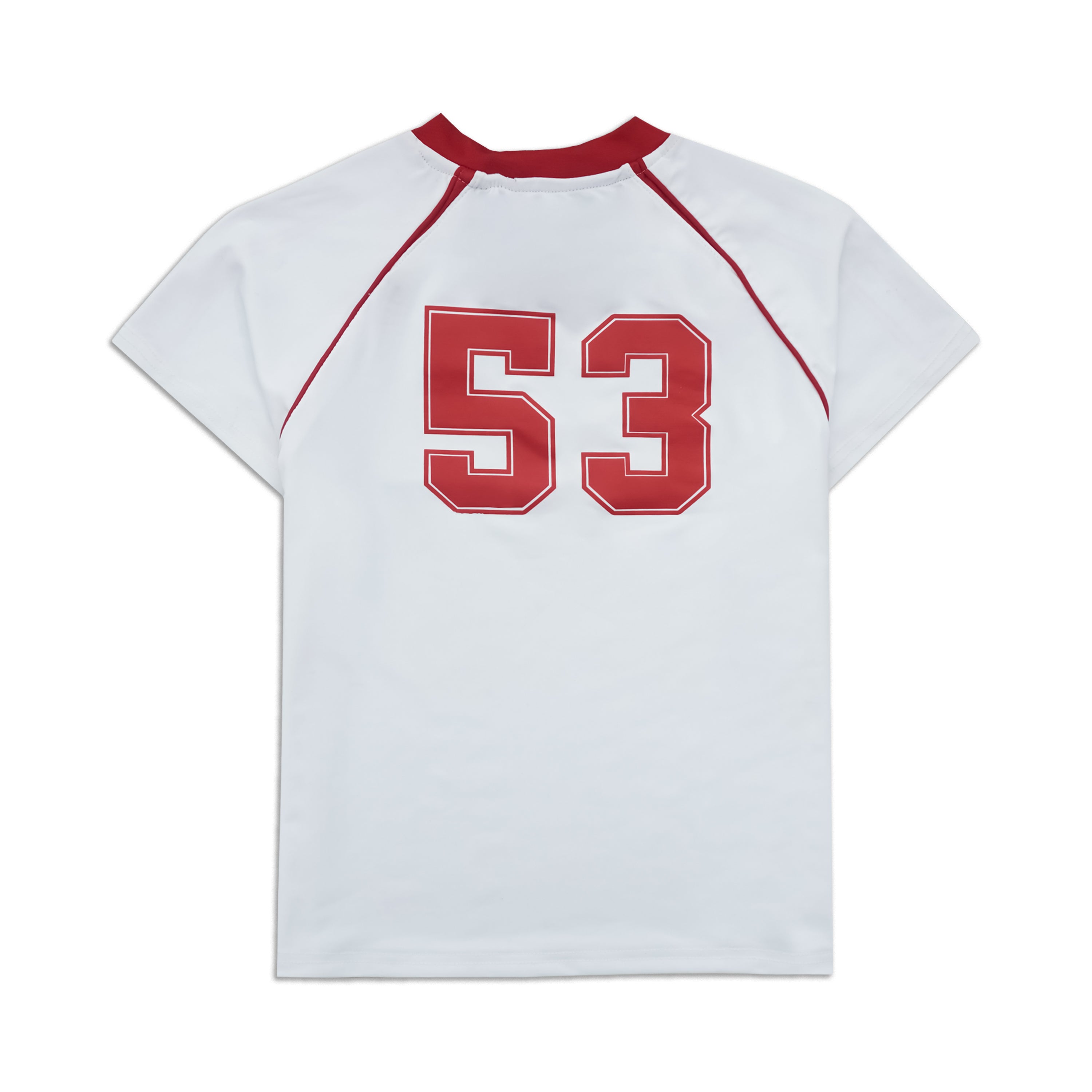 A white short-sleeve athletic raglan T-shirt with red trim on the collar and shoulder seams, featuring the number '53' in red with a white outline on the back.