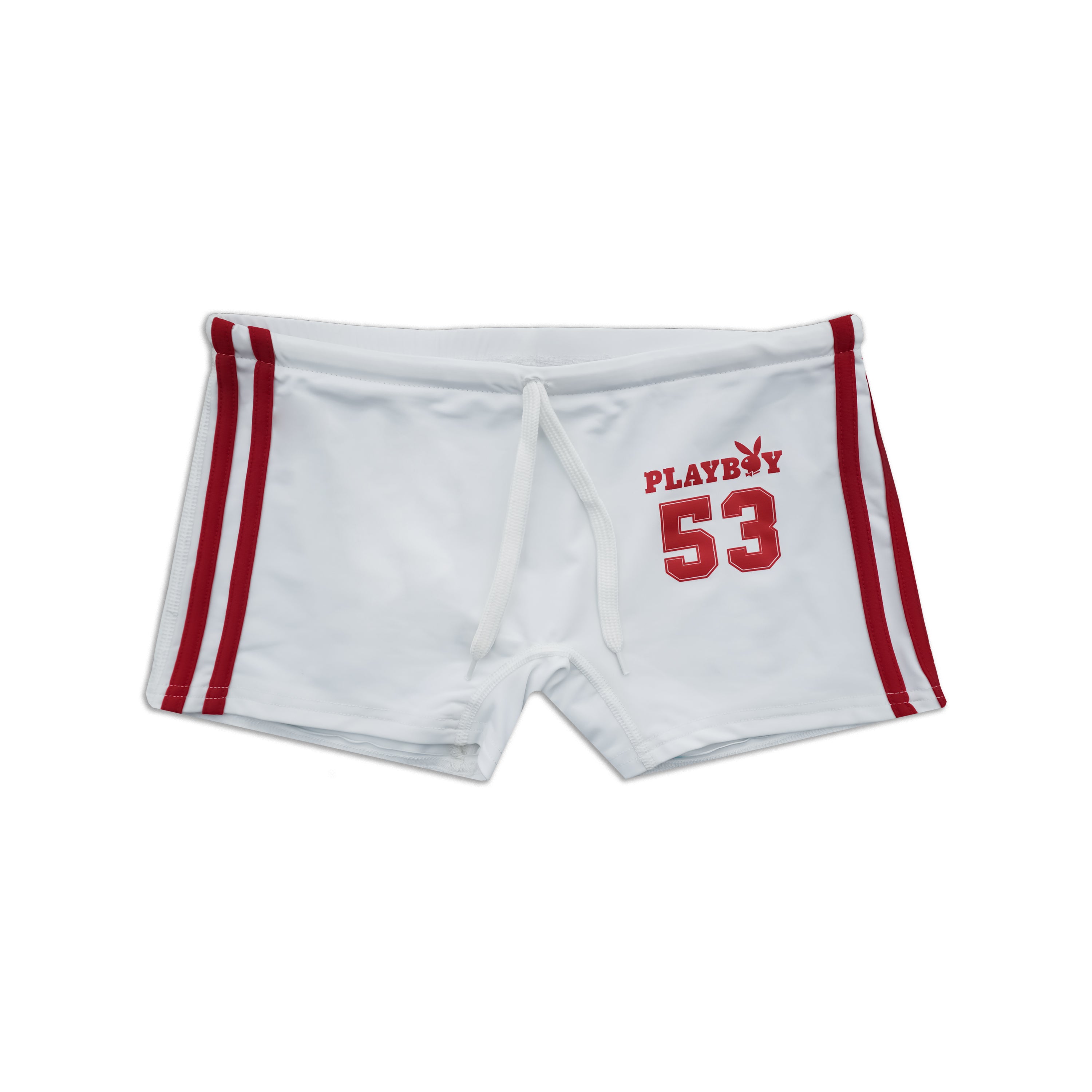 White athletic-style shorts with red side stripes and red 'PLAYBOY 53' text on the front, shown on a plain white background.
