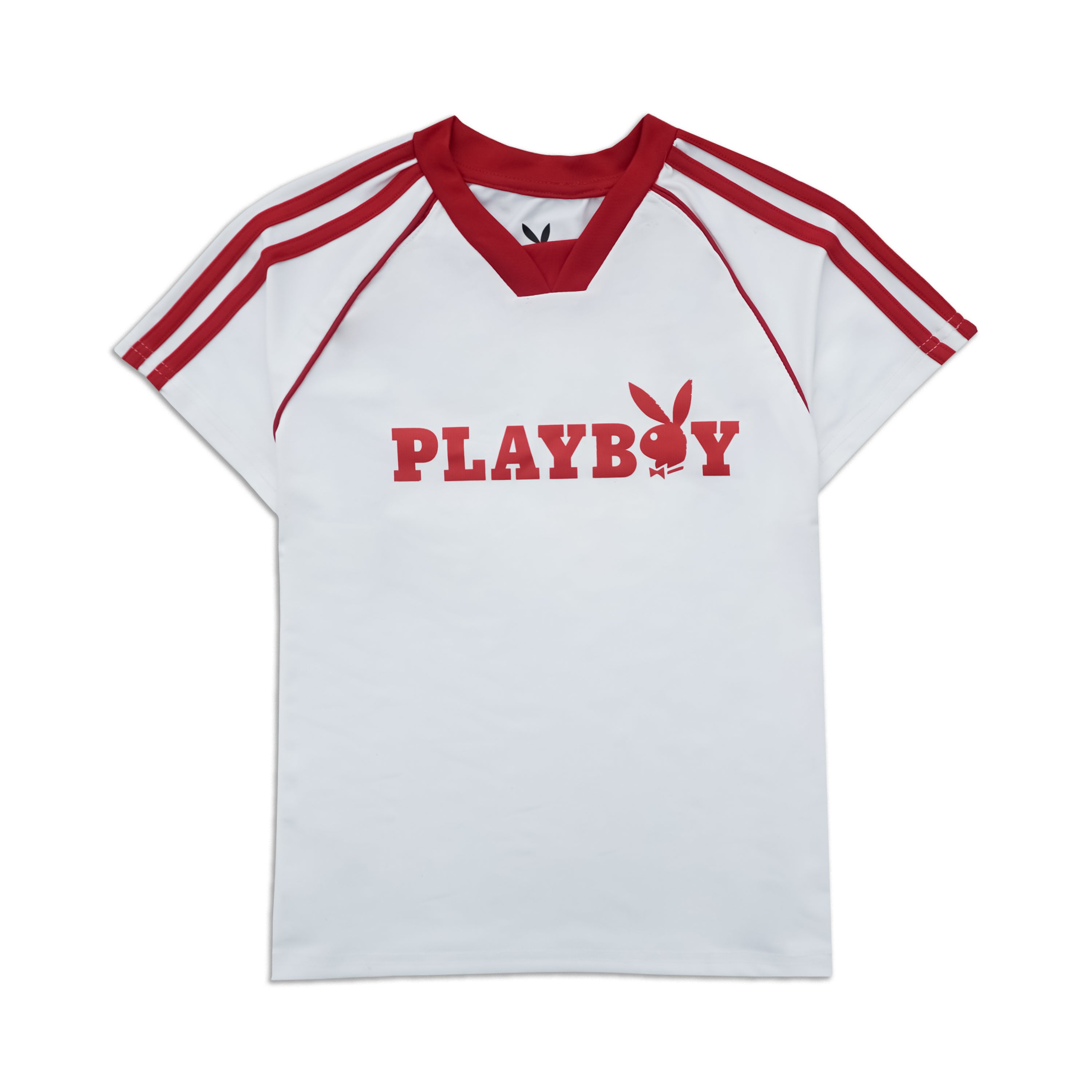 A white short-sleeve V-neck t-shirt with red double stripes on the sleeves and a red 'PLAYBOY' logo across the chest, displayed on a clean white background.