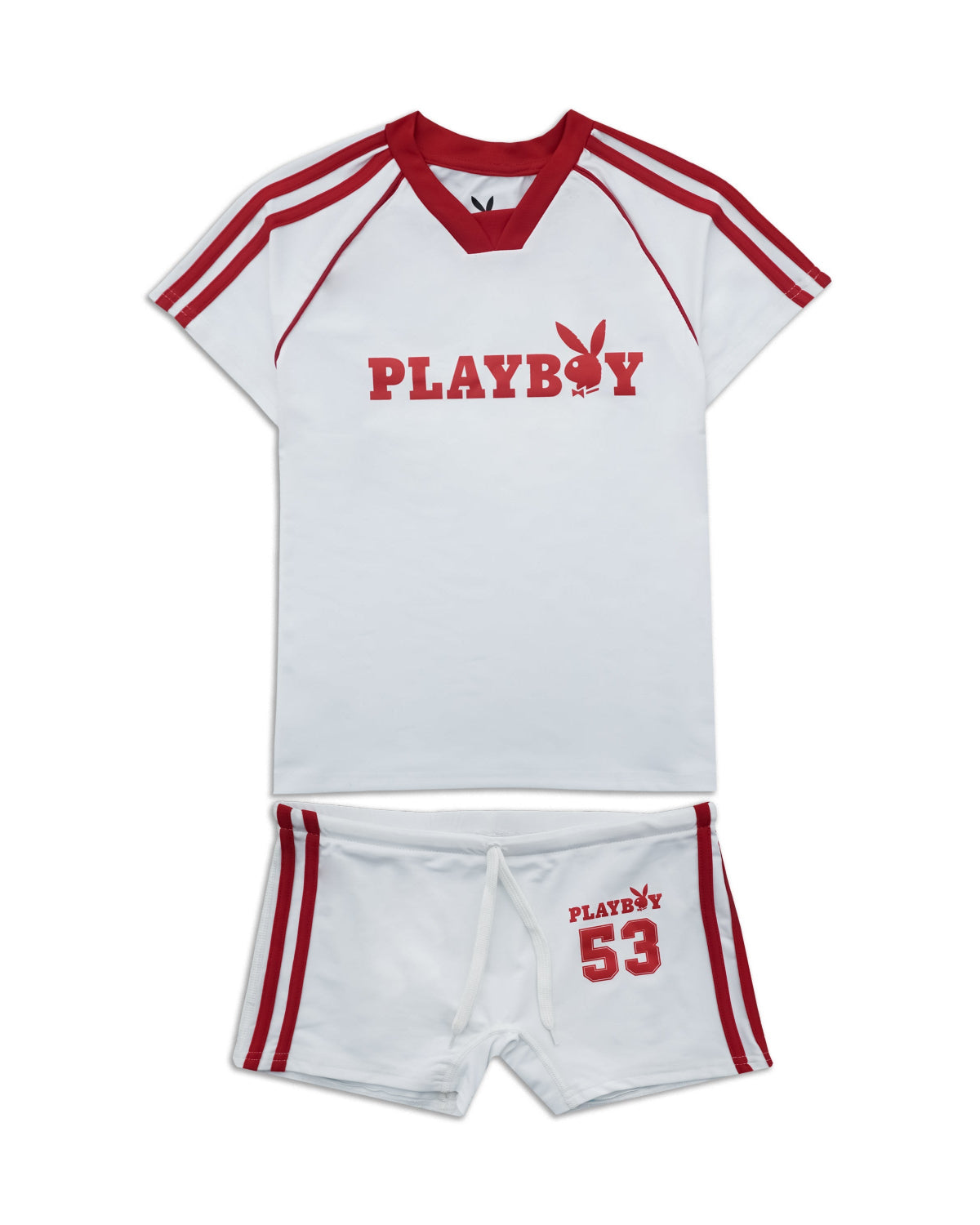 A white two-piece athletic set featuring a short-sleeve V-neck jersey and matching shorts. The jersey has red shoulder stripes, a red 'PLAYBOY' logo across the chest, and a red bunny logo.