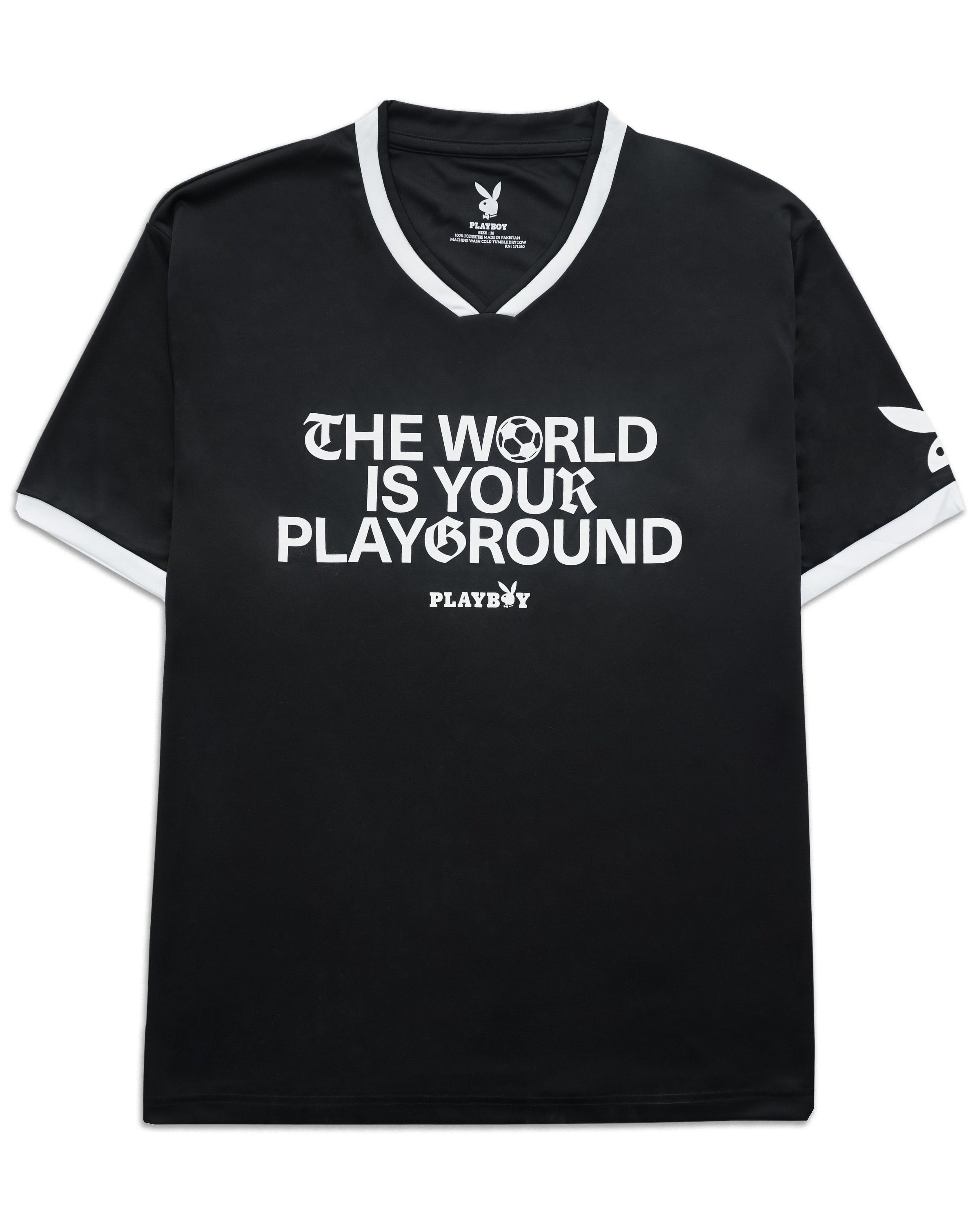 Black t-shirt with white text 'The World is Your Playground' on a white background
