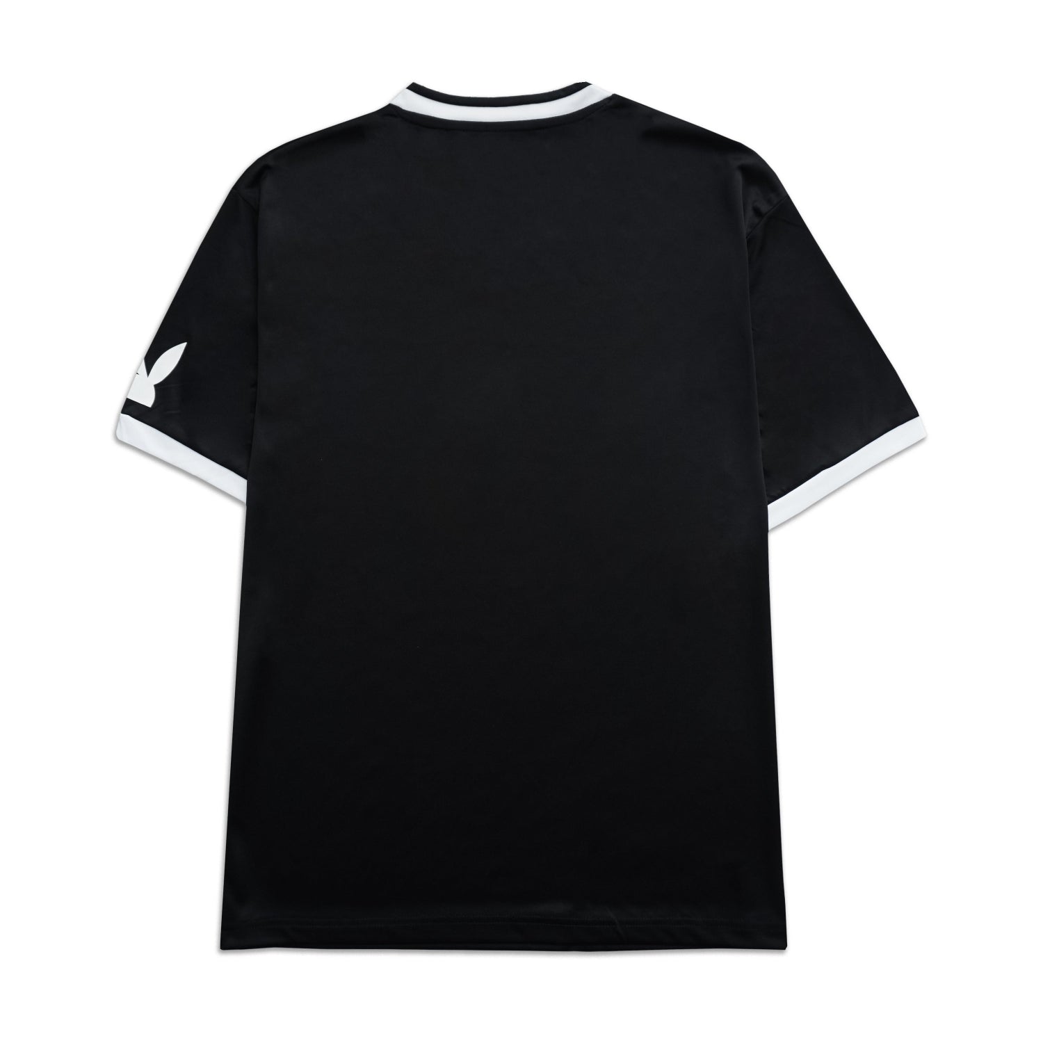 Black t-shirt with white trim on a white background