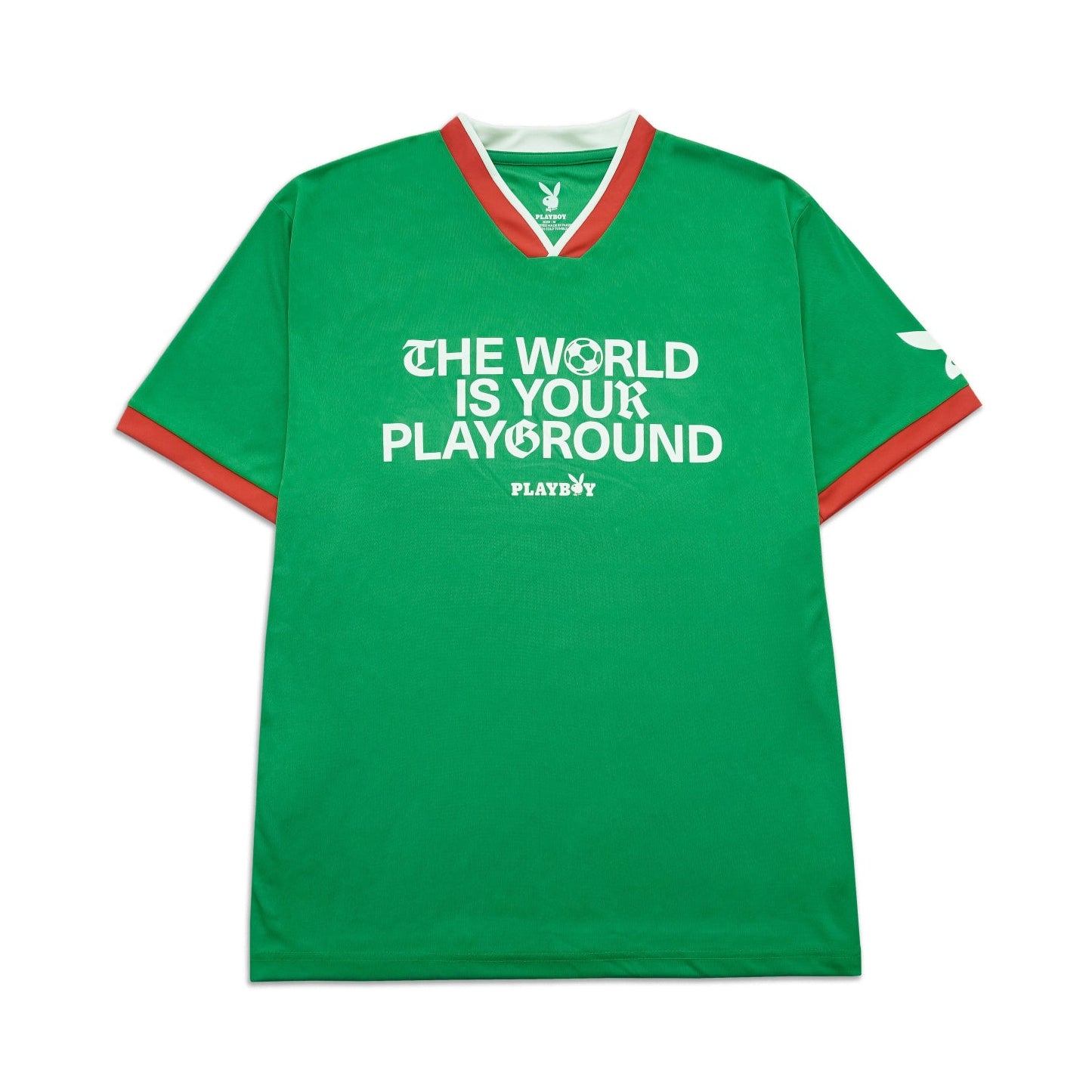 Green t-shirt with 'The World is Your Playground' text on a white background