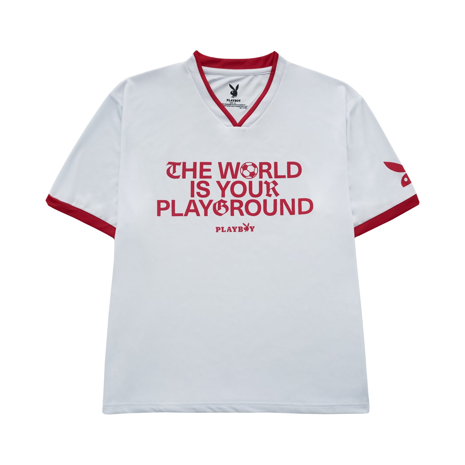 White t-shirt with red text and trim on a white background