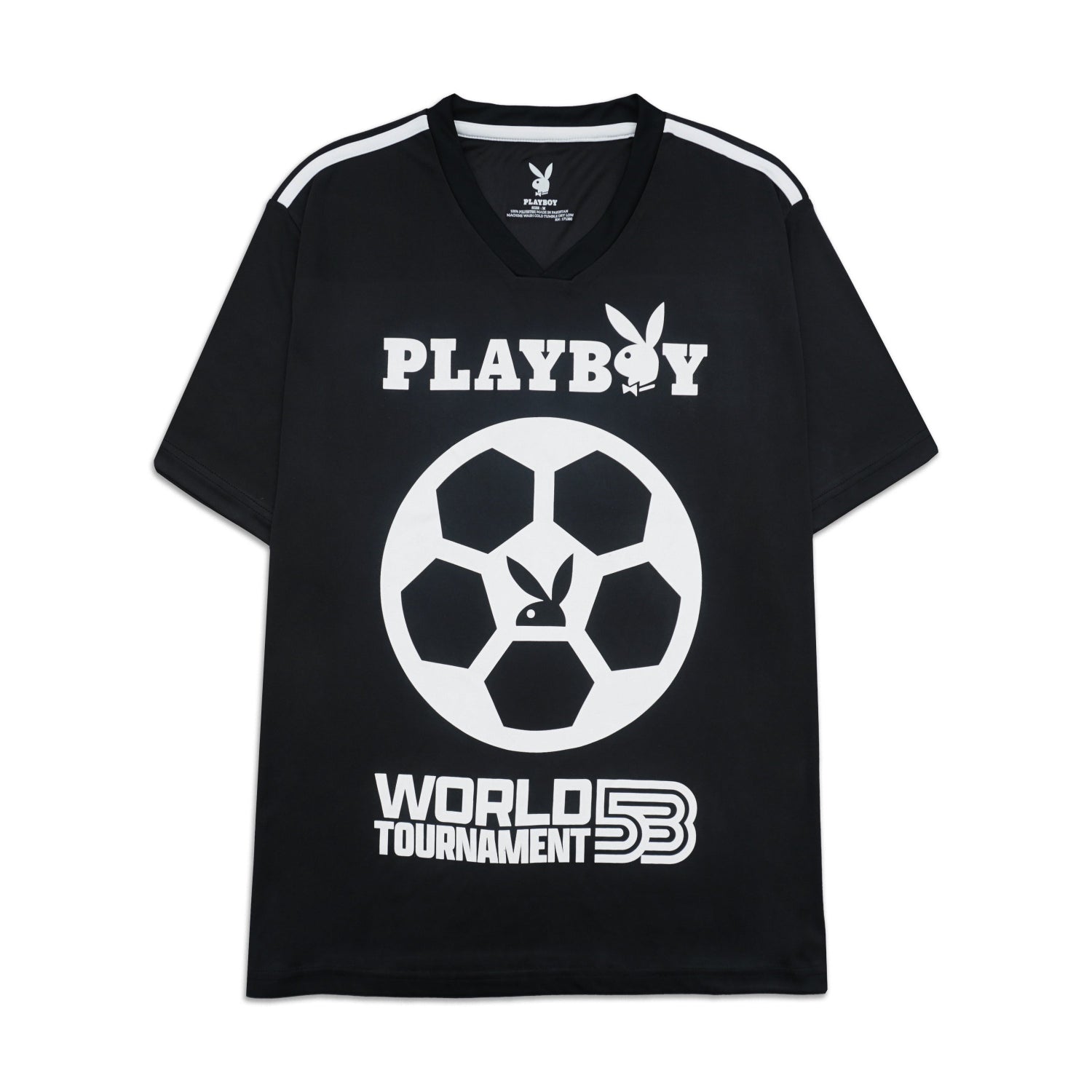 Black t-shirt with Playboy logo and soccer ball design on a white background