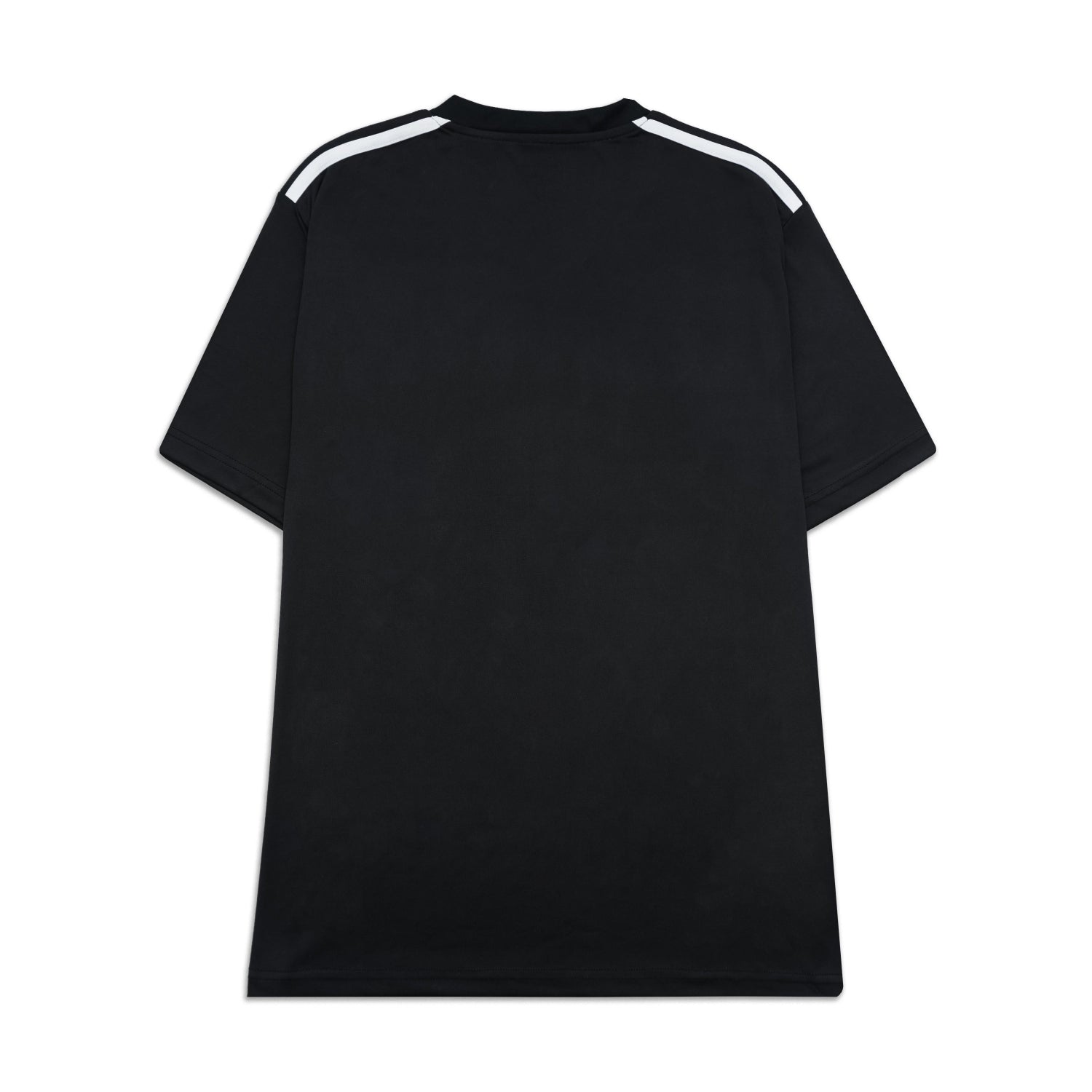 Black t-shirt with white stripes on sleeves on a white background
