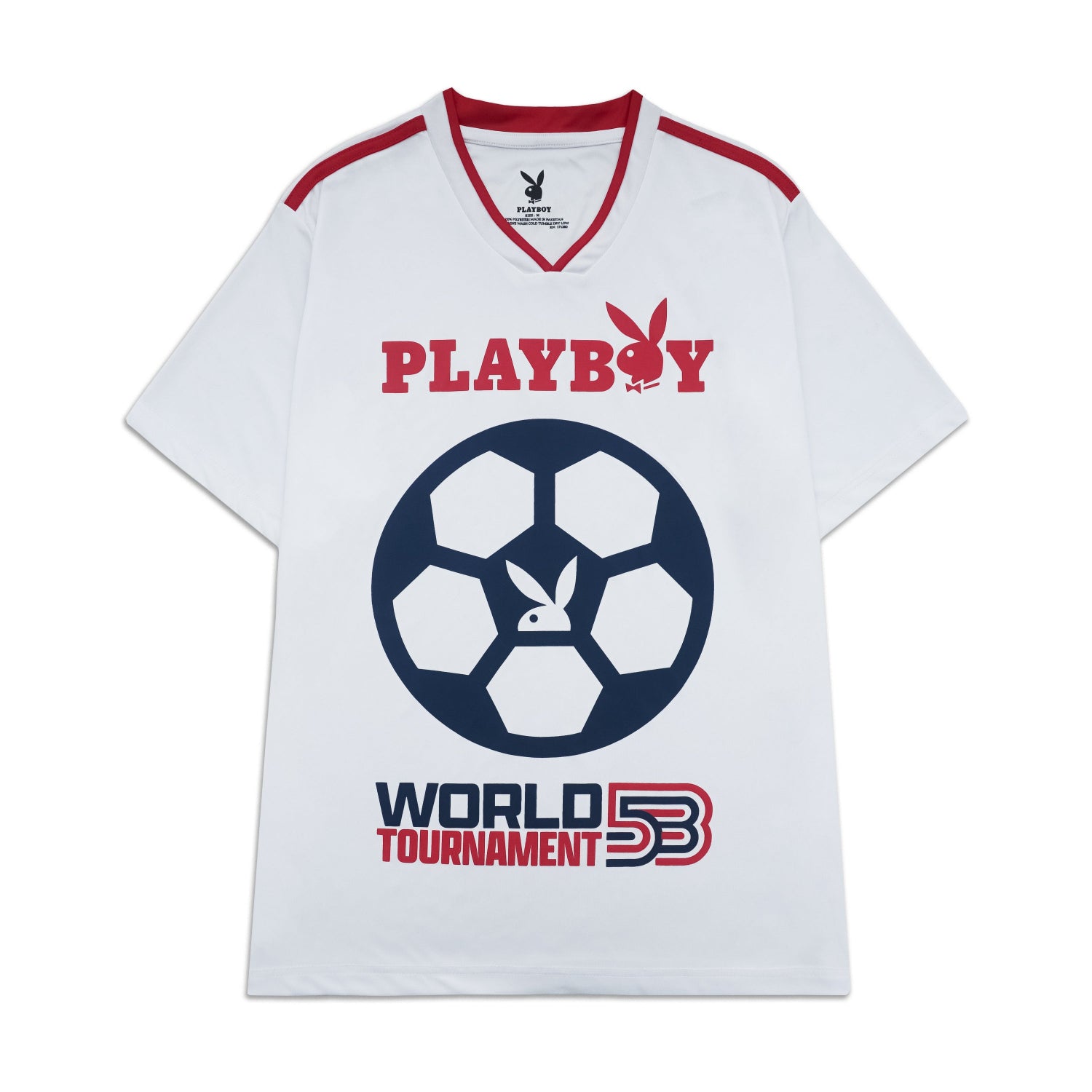 White t-shirt with Playboy logo and soccer ball design on a white background