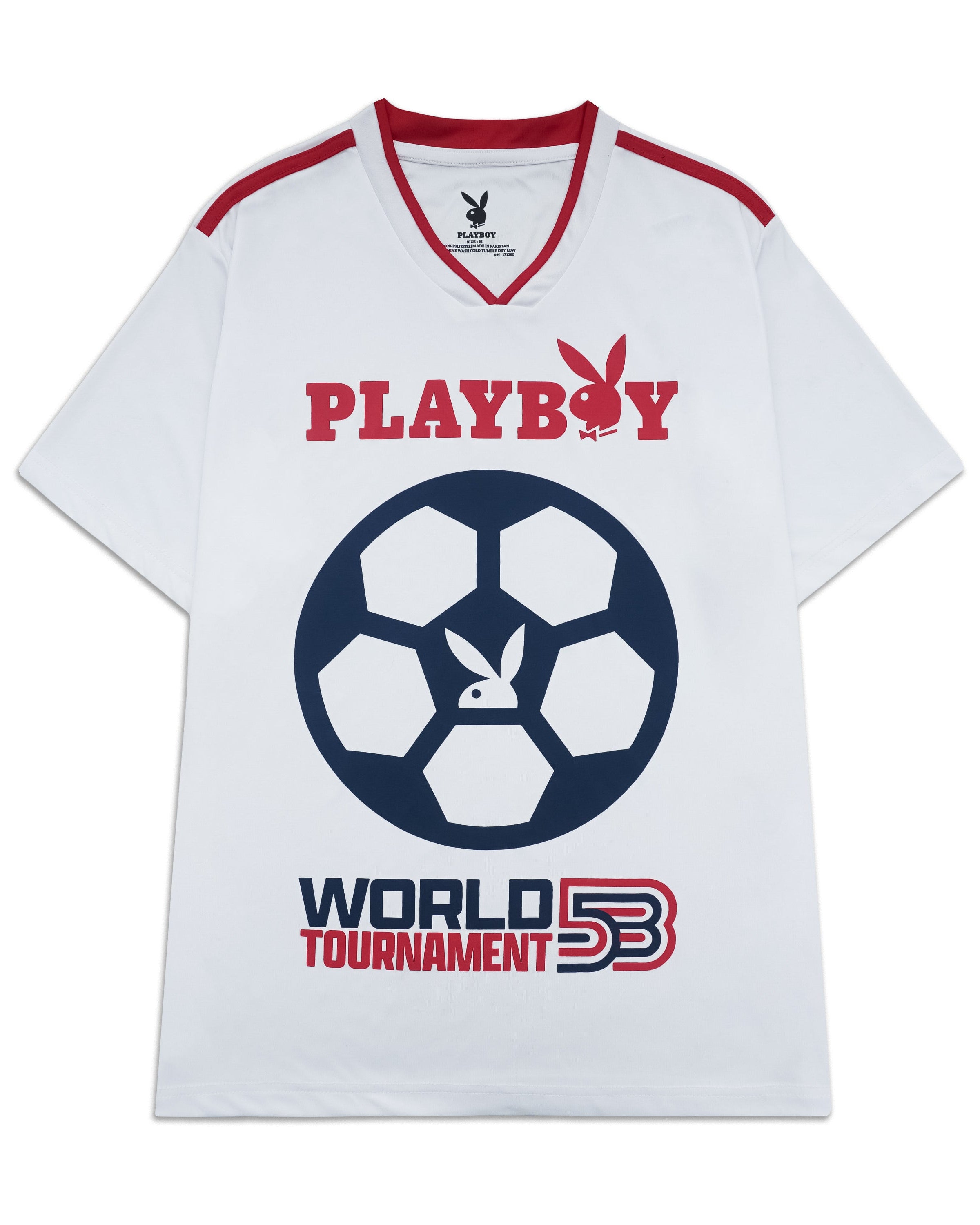 White t-shirt with Playboy logo and soccer ball design on a white background