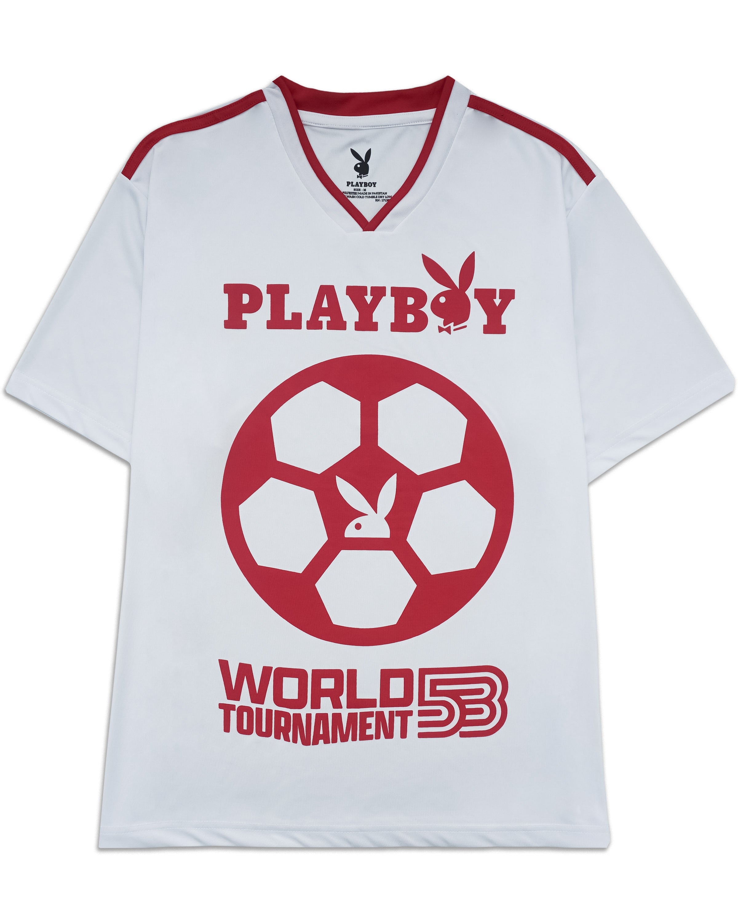 White t-shirt with red Playboy logo and text on a white background