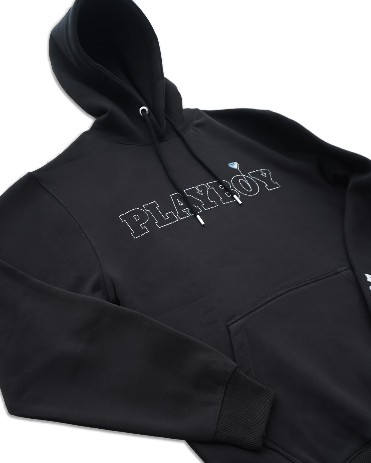 A black pullover hoodie with 'PLAYBOY' embroidered in white outlined letters across the chest, featuring a small blue diamond logo above the text, shown on a plain white background.