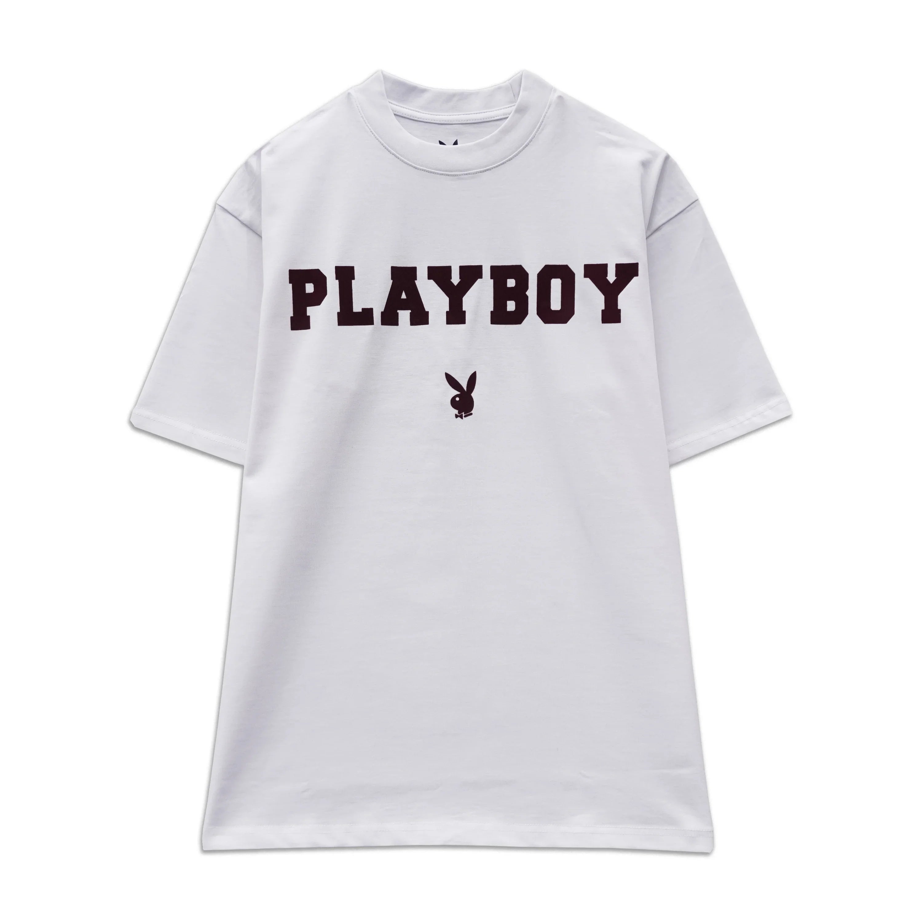 White t-shirt with 'PLAYBOY' BURGANDY text and logo on a white background