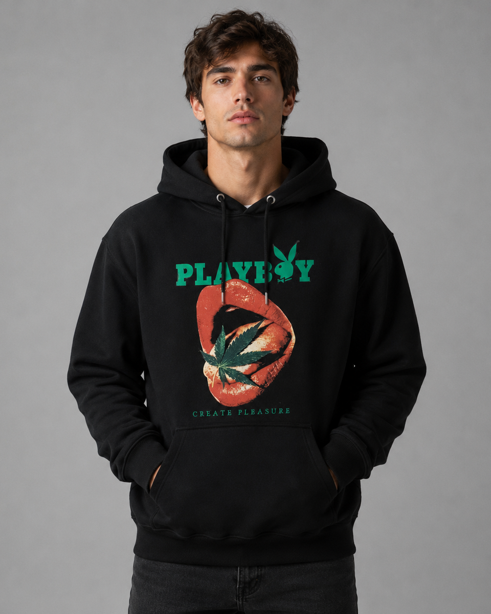A man wearing a black hoodie with a green and red graphic on the front. The graphic features the word 'PLAYBOY' in green with the classic bunny logo, above a red graphic of lips with a green leaf design, and 'CREATE PLANTERS' written below.