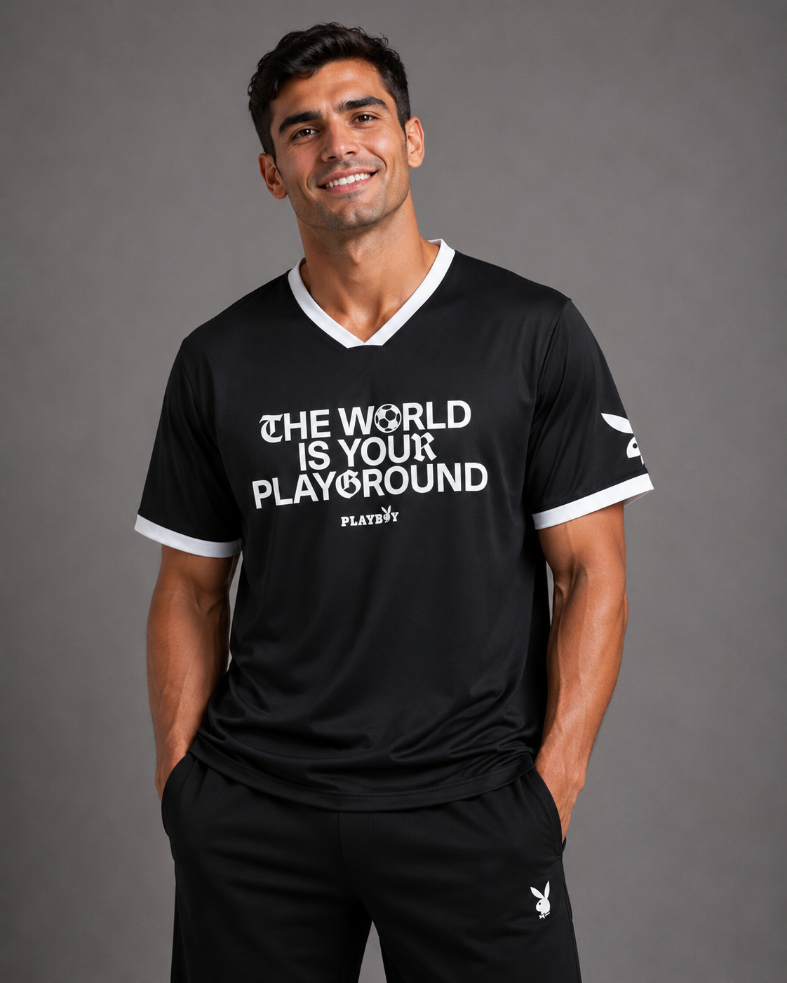 A man wearing a black v-neck athletic t-shirt with white trim and white text that reads 'THE WORLD IS YOUR PLAYGROUND' and 'PLAYGROUND' below it, paired with black athletic pants. The Playboy bunny logo is visible on the sleeve and pants.