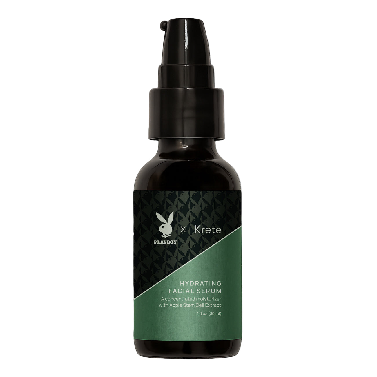 Facial serum bottle with black and green design on a gray background
