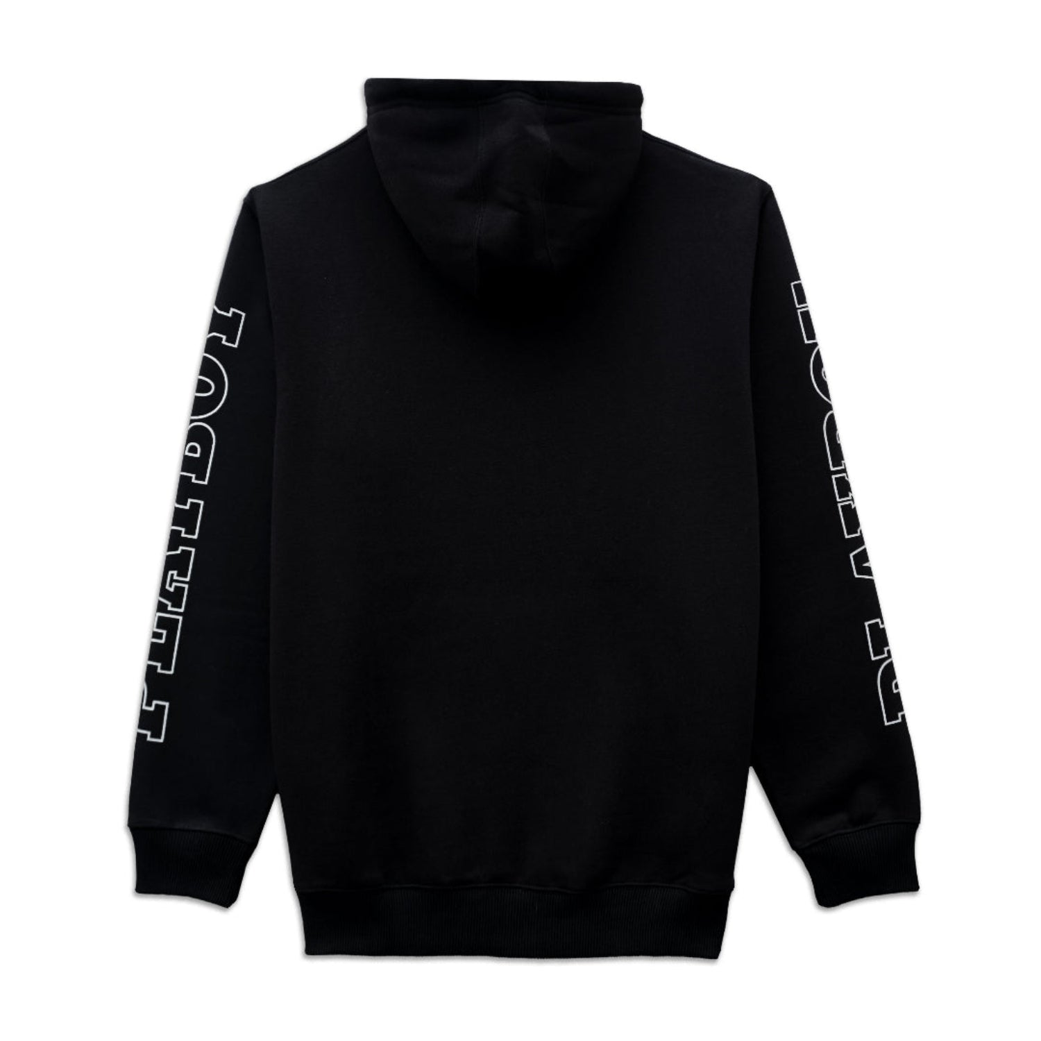 Black hoodie with white text on sleeves against a white background