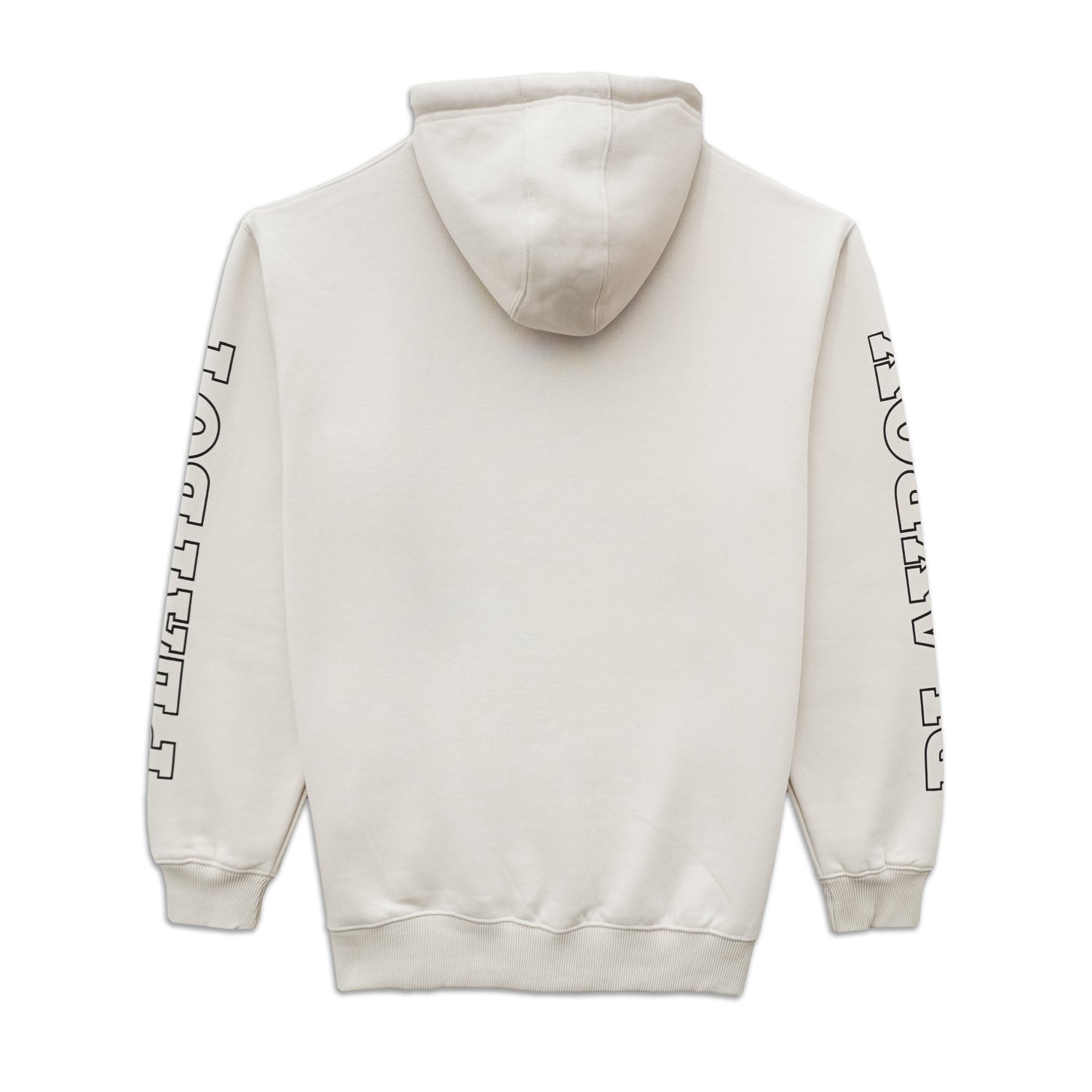 White hoodie with black text on sleeves and back against a white background