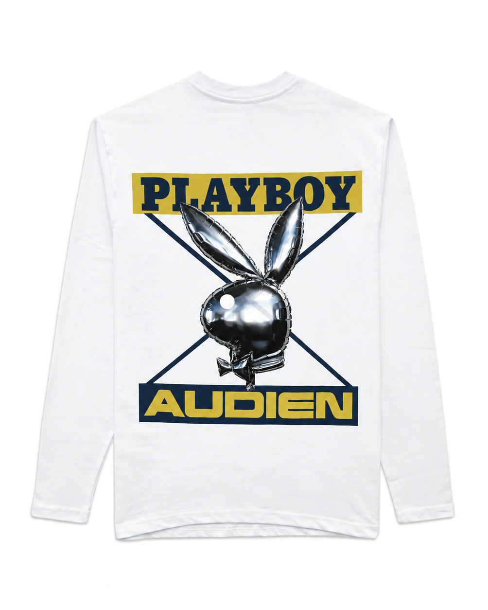 A white long-sleeve t-shirt with a graphic print on the front featuring the Playboy bunny head, the word 'PLAYBOY' in yellow on a navy banner, and 'AUDIEN' in yellow on a navy banner.