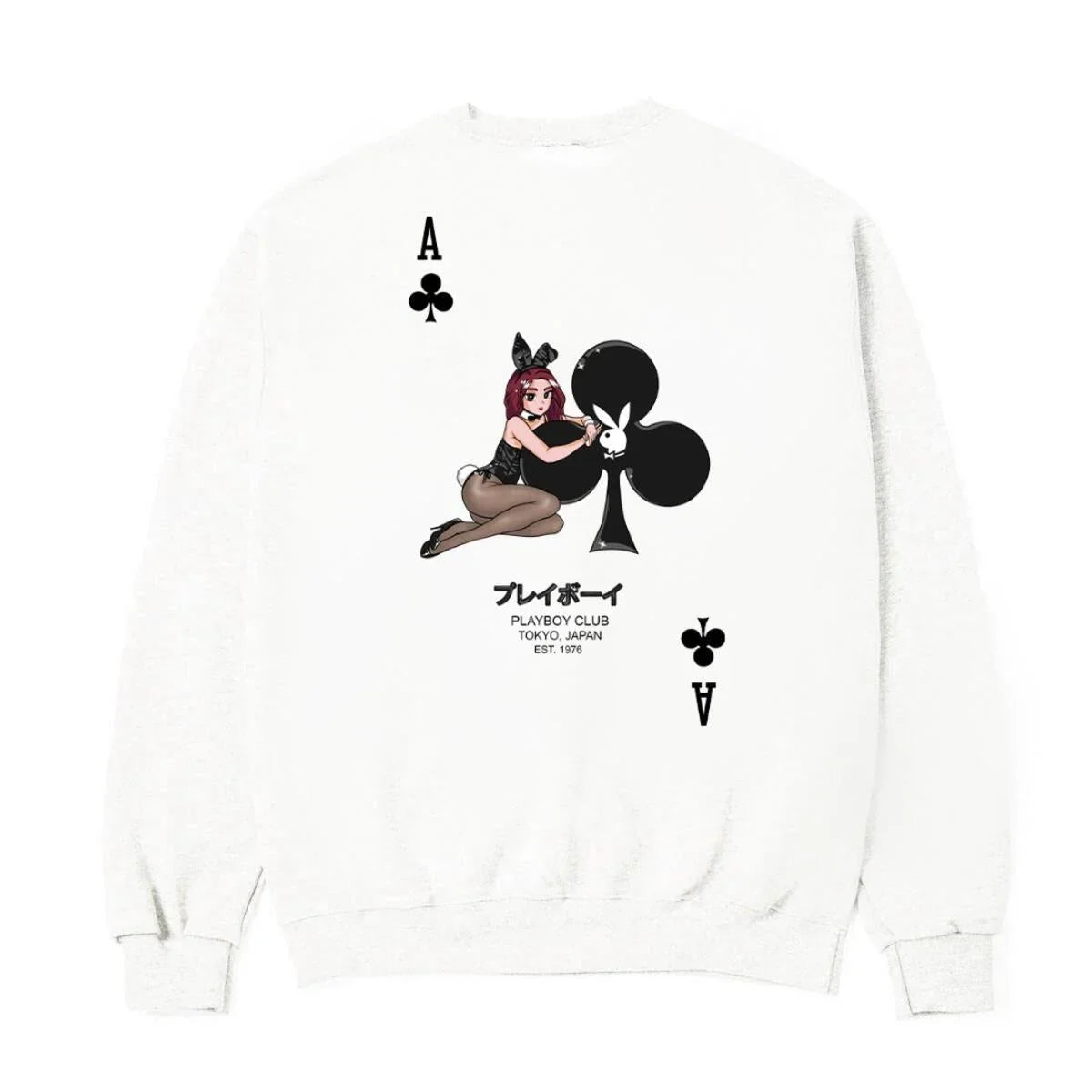 White crewneck sweatshirt featuring anime-style bunny girl, large club symbol, and Ace of Clubs card design.