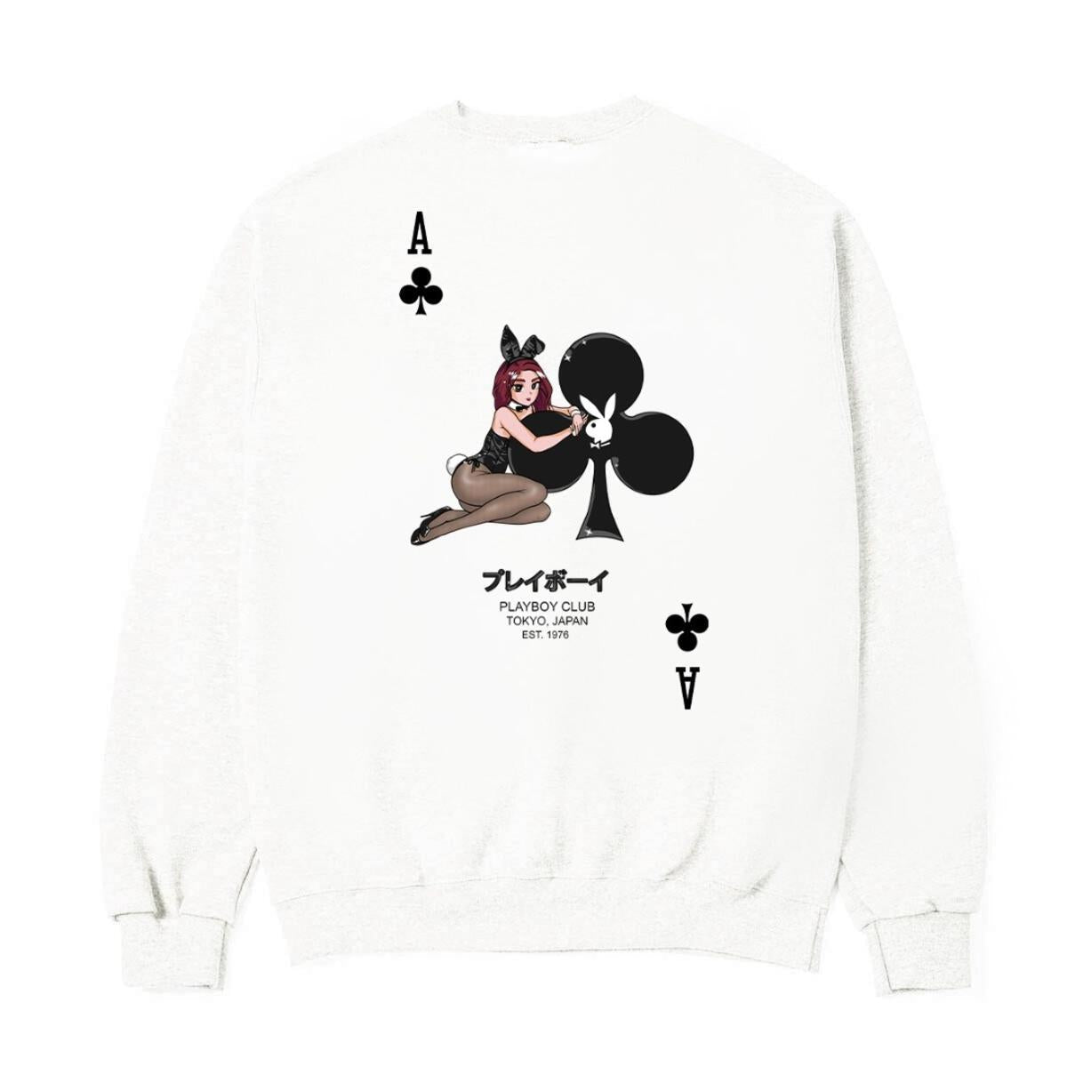 A white crewneck sweatshirt featuring a graphic print of an Ace of Clubs playing card with an illustration of a pin-up girl and the text 'PLAYBOY CLUB TOKYO, JAPAN EST. 1975'.