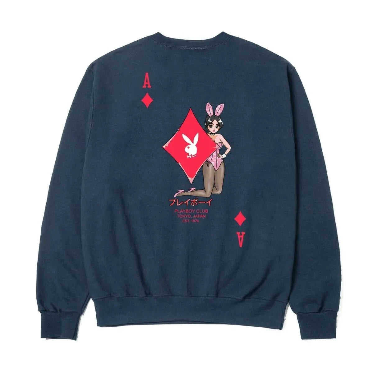 Navy crewneck sweatshirt with ace of diamonds card, bunny girl, and red graphic details on back.