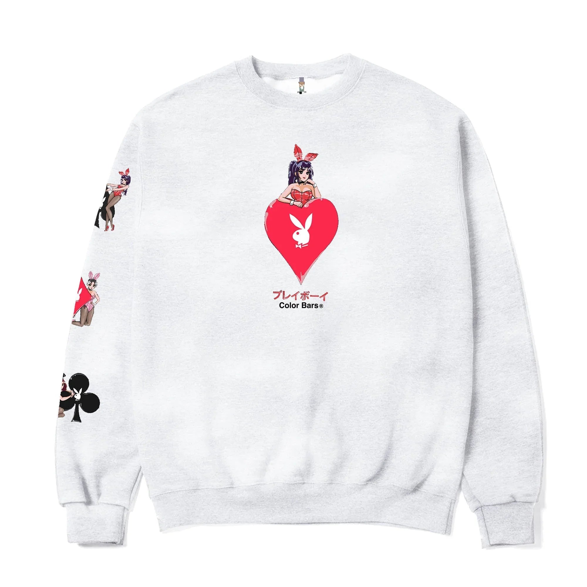 Light gray crewneck sweatshirt with anime bunny girl, red heart, and club motifs on sleeves.