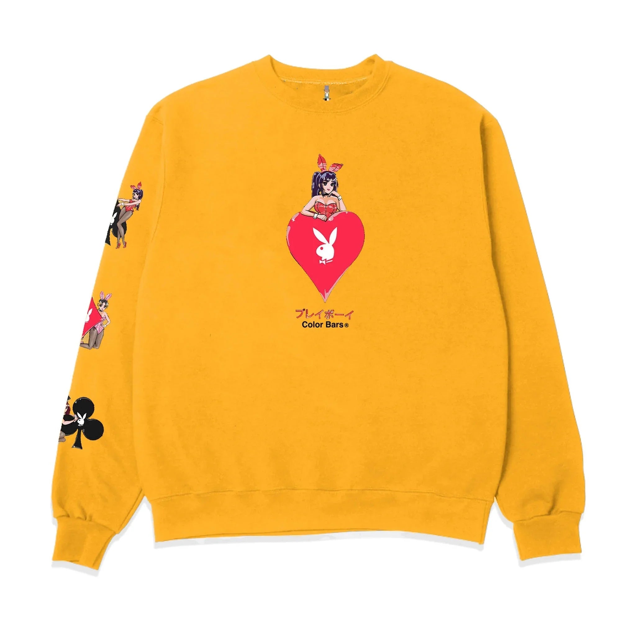 Yellow crewneck sweatshirt with anime-style bunny girl graphic, red heart, and playing card suit art.