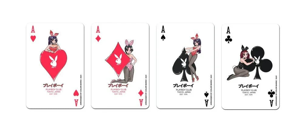 Four illustrated playing cards with anime-style women in bunny attire representing the ace of hearts, diamonds, spades, and clubs.