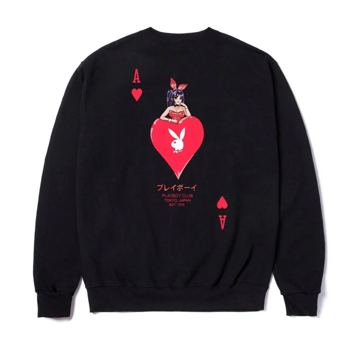 Black crewneck sweatshirt with ace of hearts card design, anime girl, and red heart graphic