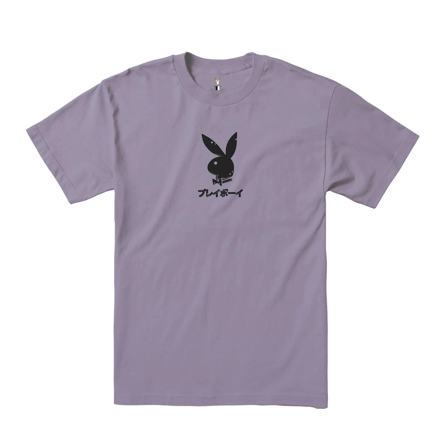 Lavender t-shirt with black bunny logo and Japanese text graphic on front