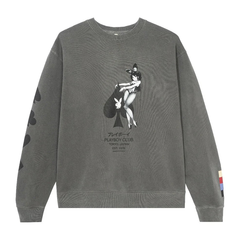 Gray crewneck sweatshirt with vintage pin-up bunny graphic, ace of spades and retro club text