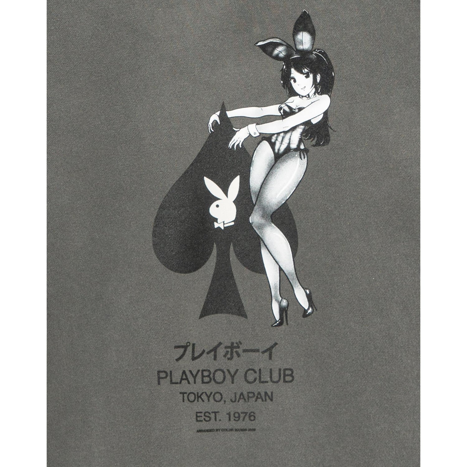 Graphic sweatshirt with anime-style bunny girl, spade symbol, and Tokyo Playboy Club text