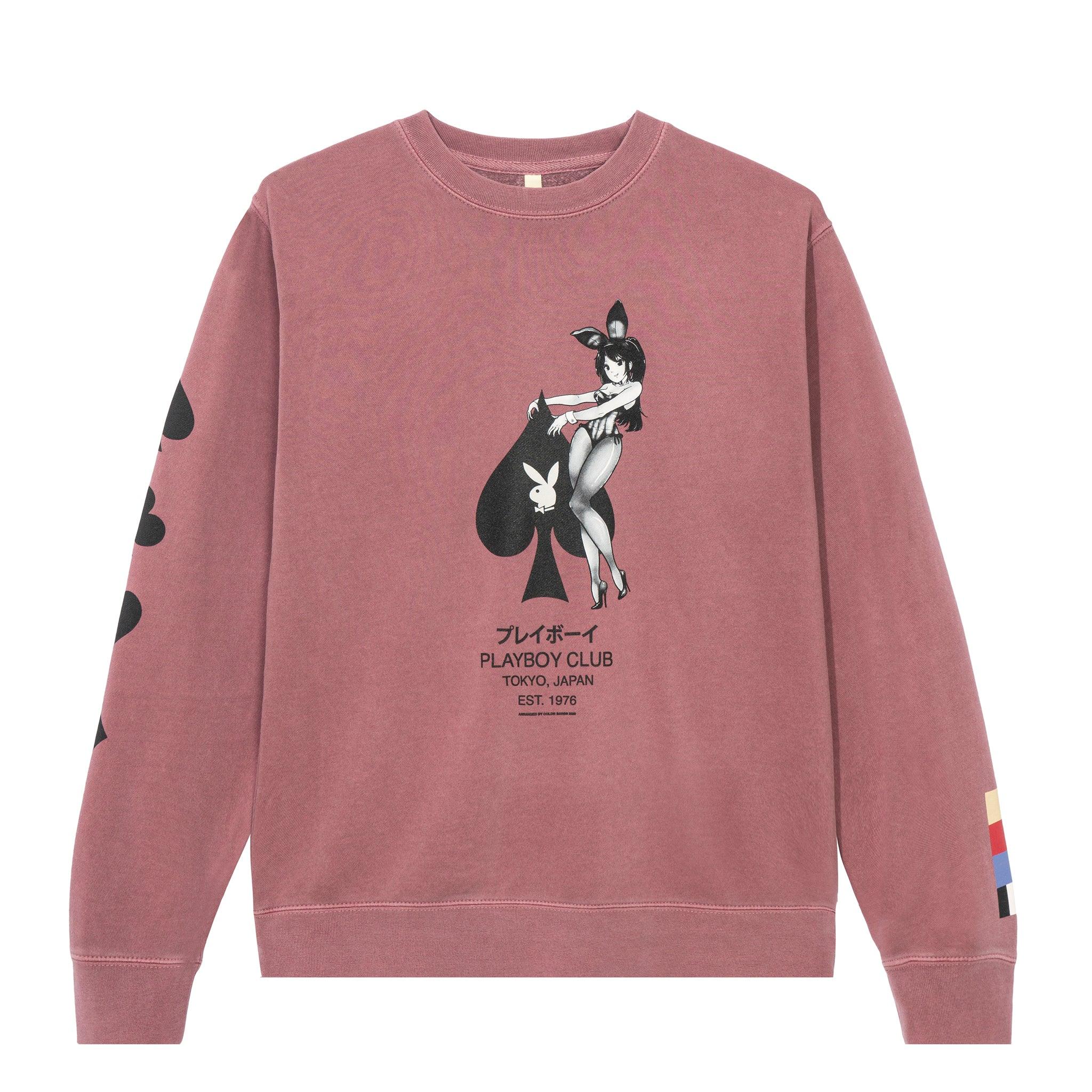 Mauve crewneck sweatshirt with anime-style bunny girl, ace of spades, and graphic text on front.