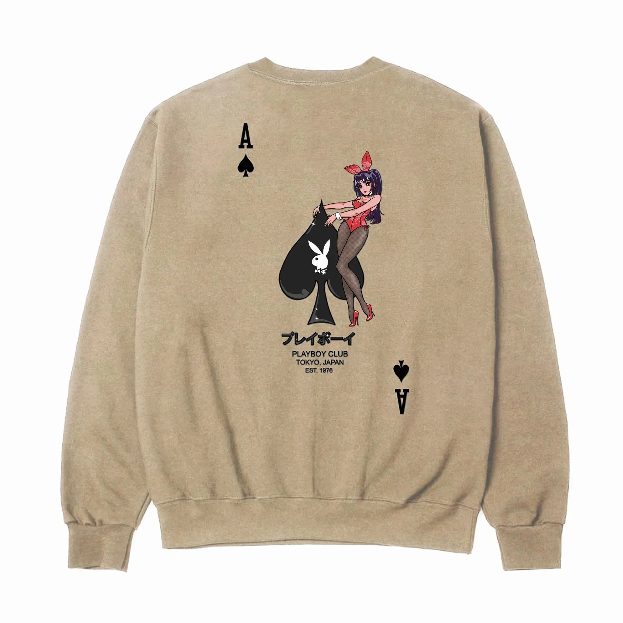 Beige crewneck sweatshirt featuring anime-style bunny girl and ace of spades graphic on back.