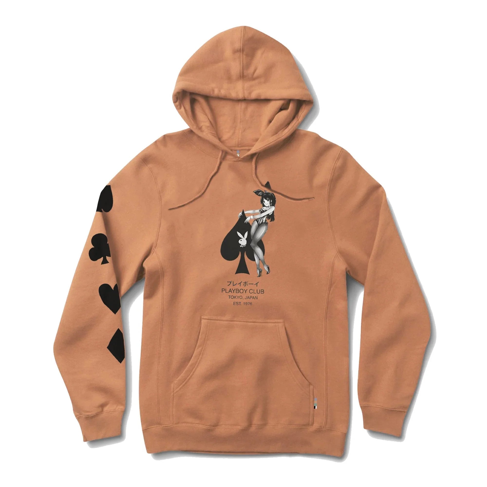Tan hoodie with pin-up bunny girl, Japanese text, and black card suit symbols on sleeve