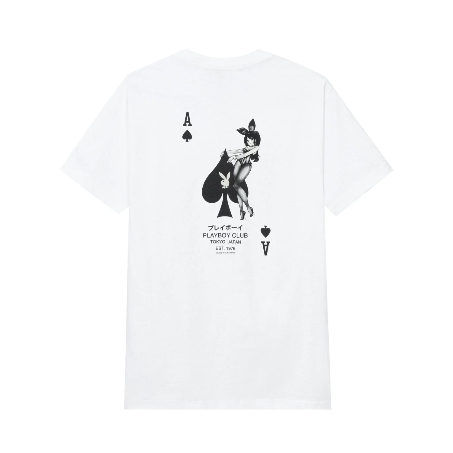 White t-shirt with ace of spades card graphic and bunny girl illustration, PLAYBOY CLUB Tokyo Japan text.
