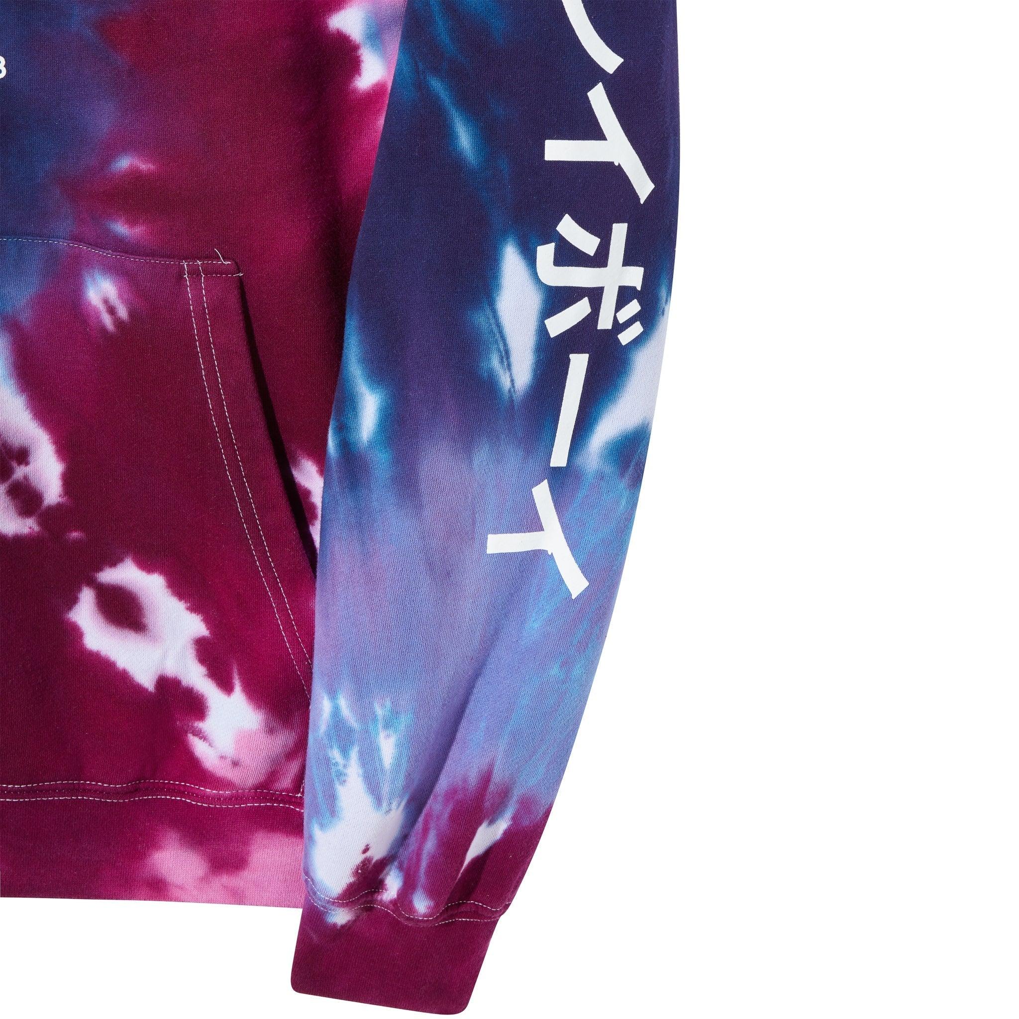Purple and blue tie-dye hoodie with front pocket and white Japanese text on sleeve