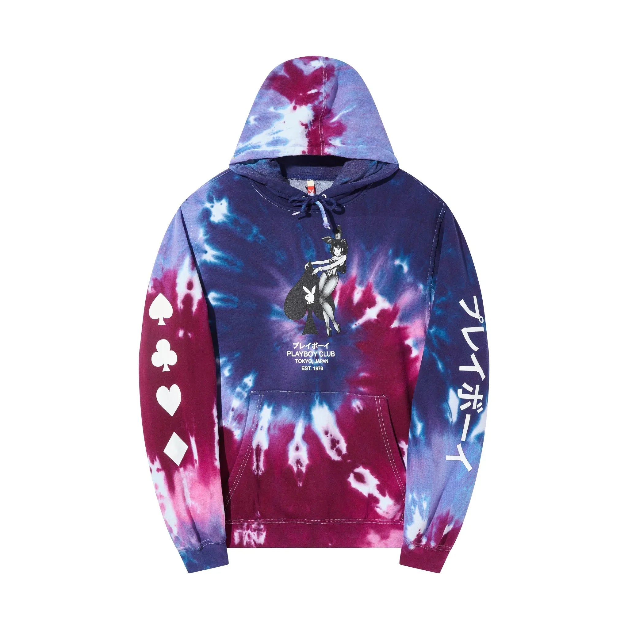 Tie-dye hoodie with anime bunny girl graphic, playing card suit symbols and Japanese text
