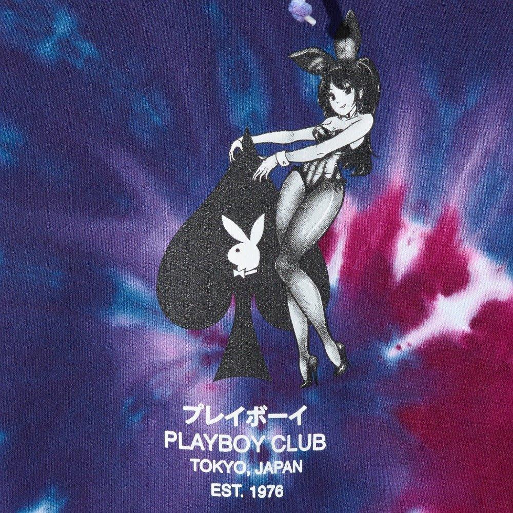 Anime bunny girl with ace of spades and bunny logo on purple and pink tie-dye hoodie, Playboy Club Tokyo graphic.