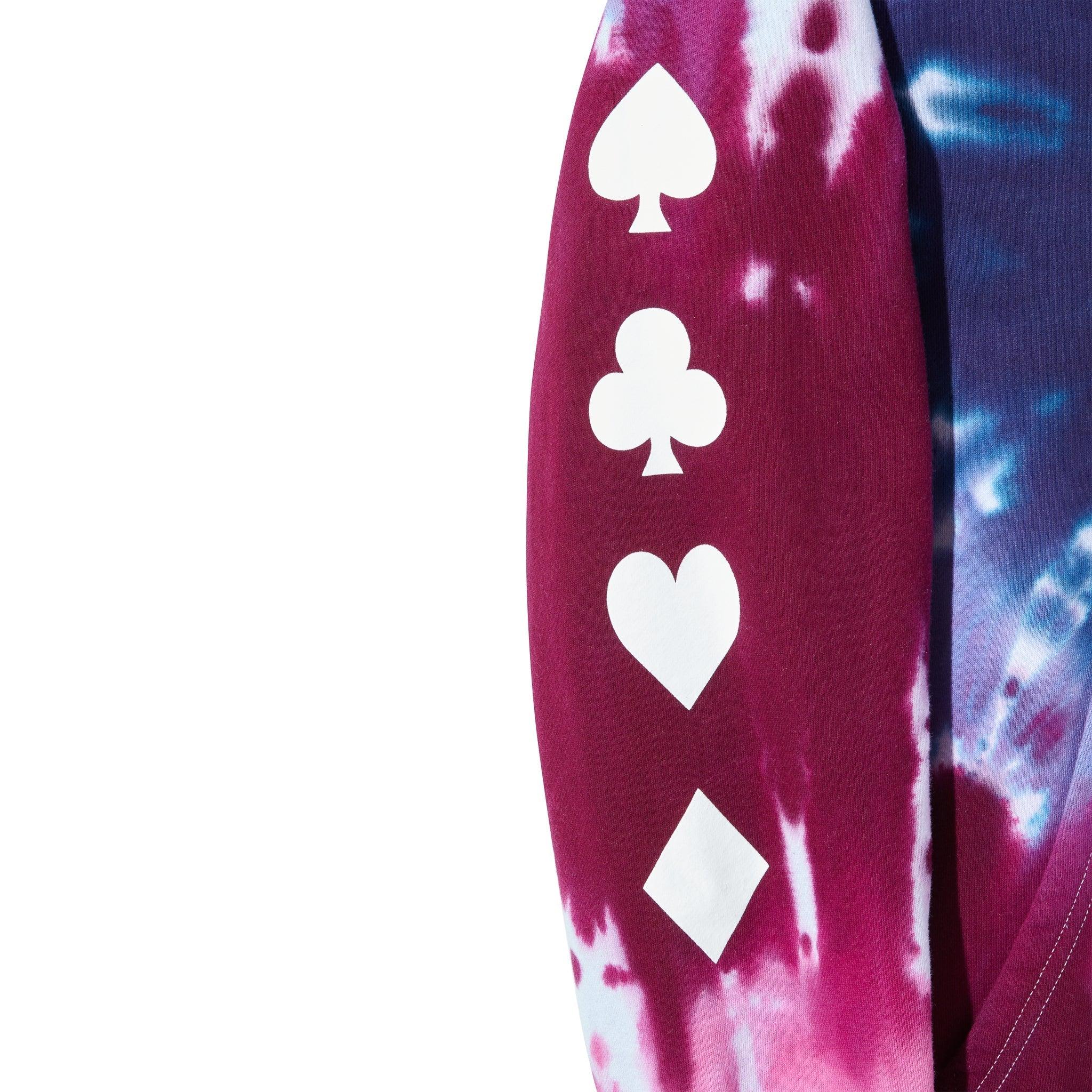 Ace of spades tie-dye hoodie sleeve with white playing card suit symbols