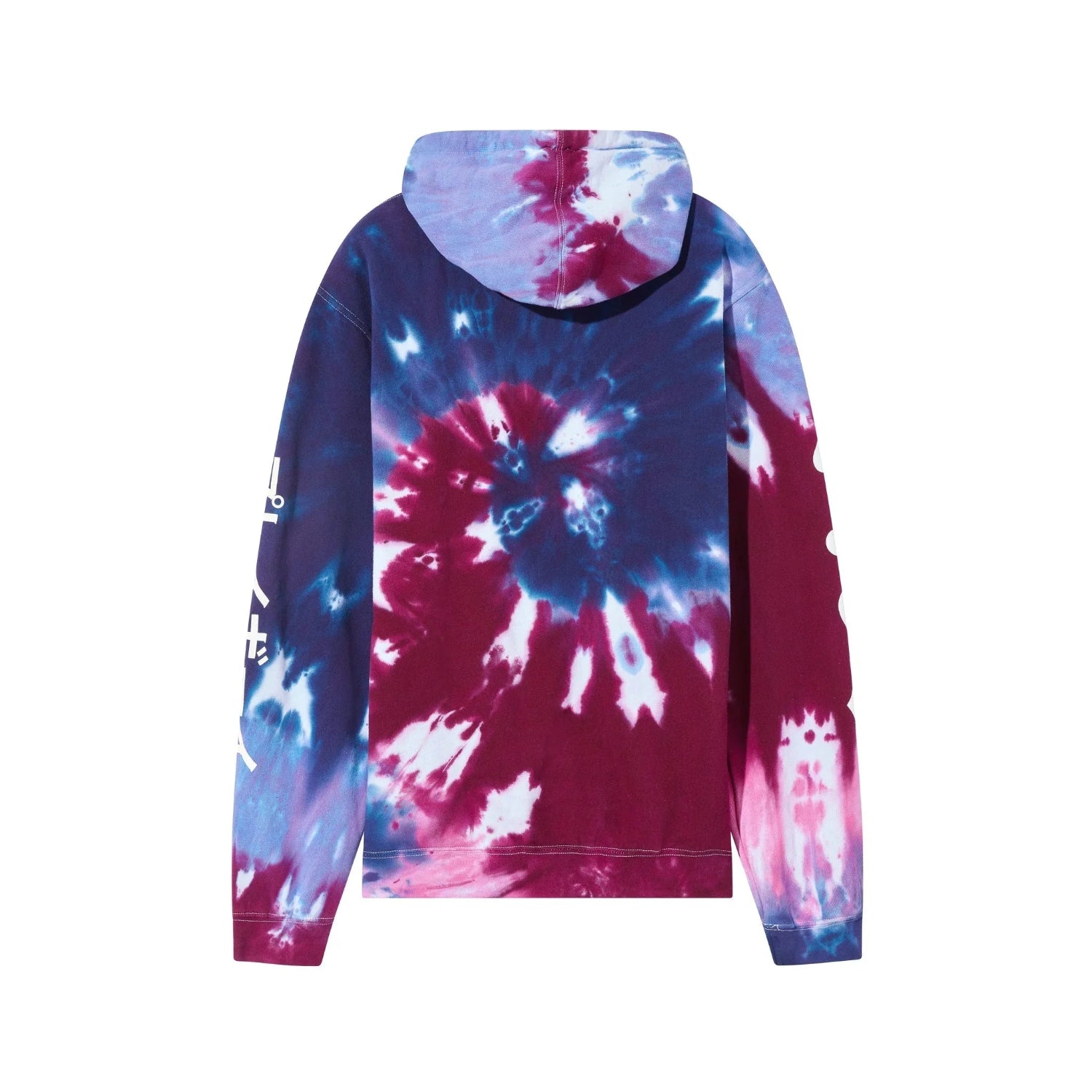 Back view of a tie-dye hoodie in purple, blue, and white with graphic text on sleeves