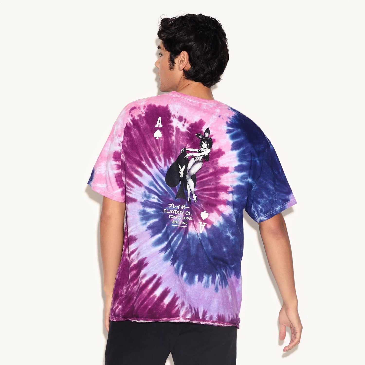 Purple and blue tie-dye t-shirt with ace of spades and anime bunny girl graphic on back