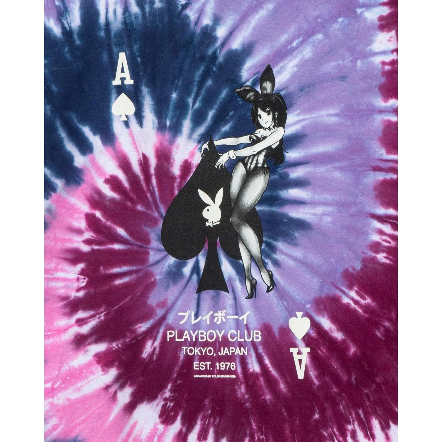 Ace of spades tie-dye t-shirt with bunny girl graphic, purple and blue spiral pattern