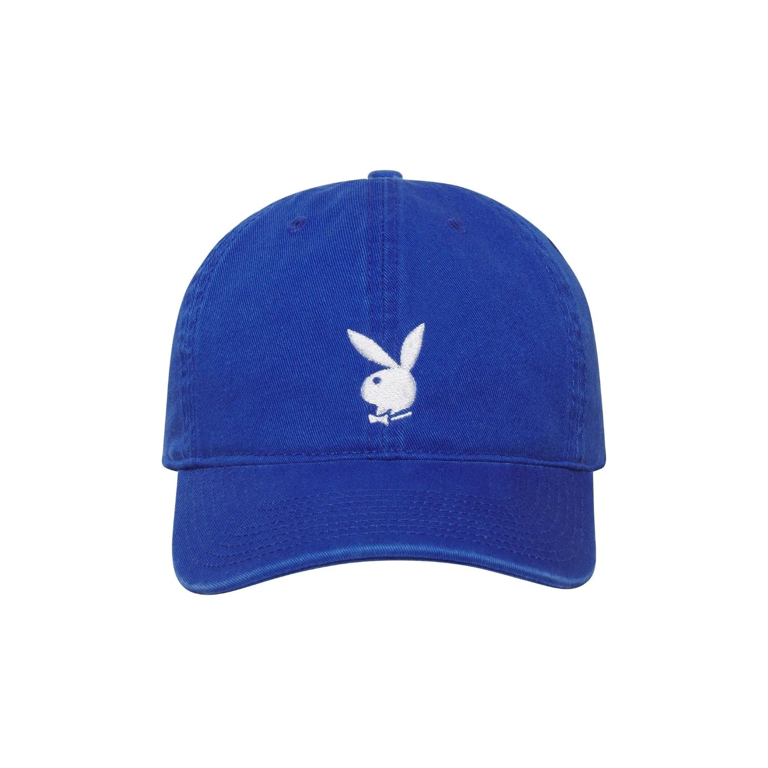 Blue adjustable cap with embroidered white rabbit head logo on front
