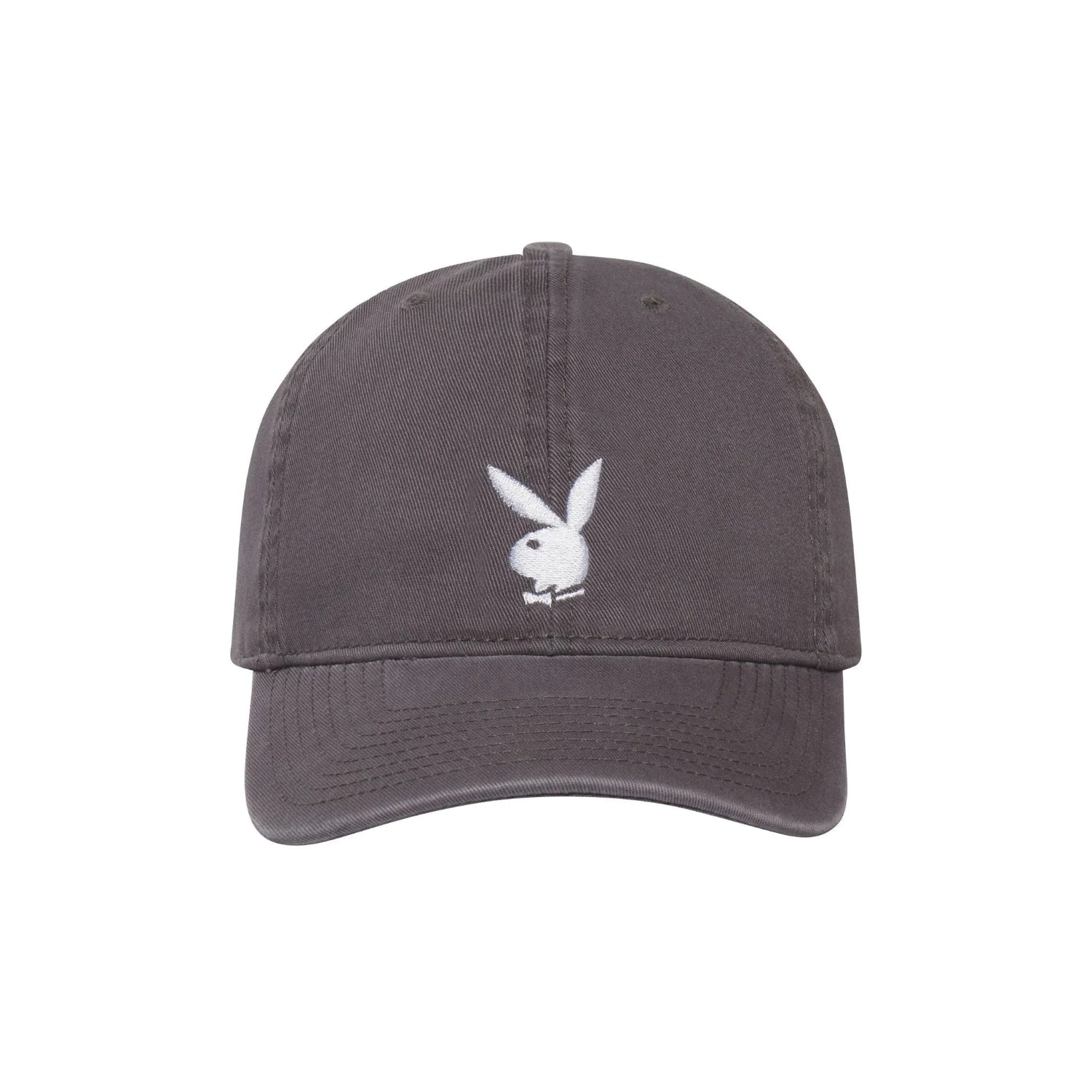 Black adjustable baseball hat with white rabbit head logo embroidered on front.