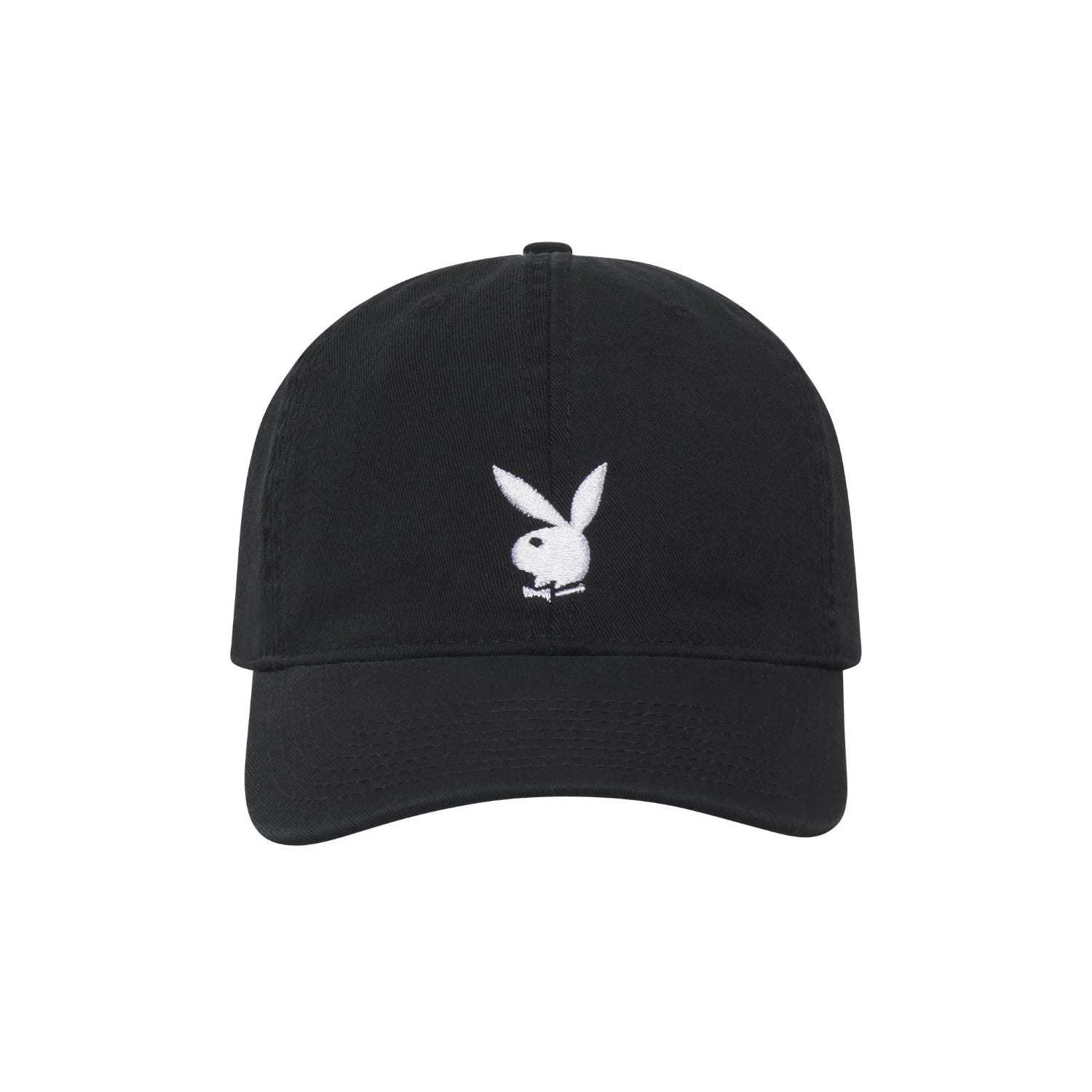 Black adjustable baseball hat with white embroidered rabbit head logo on front