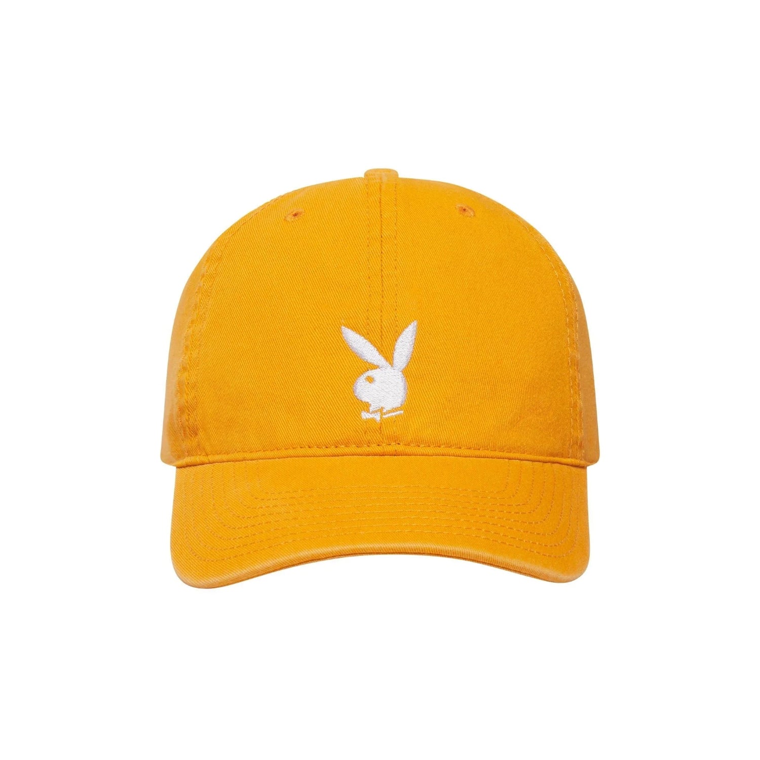 Yellow adjustable baseball hat with embroidered white rabbit head logo on front
