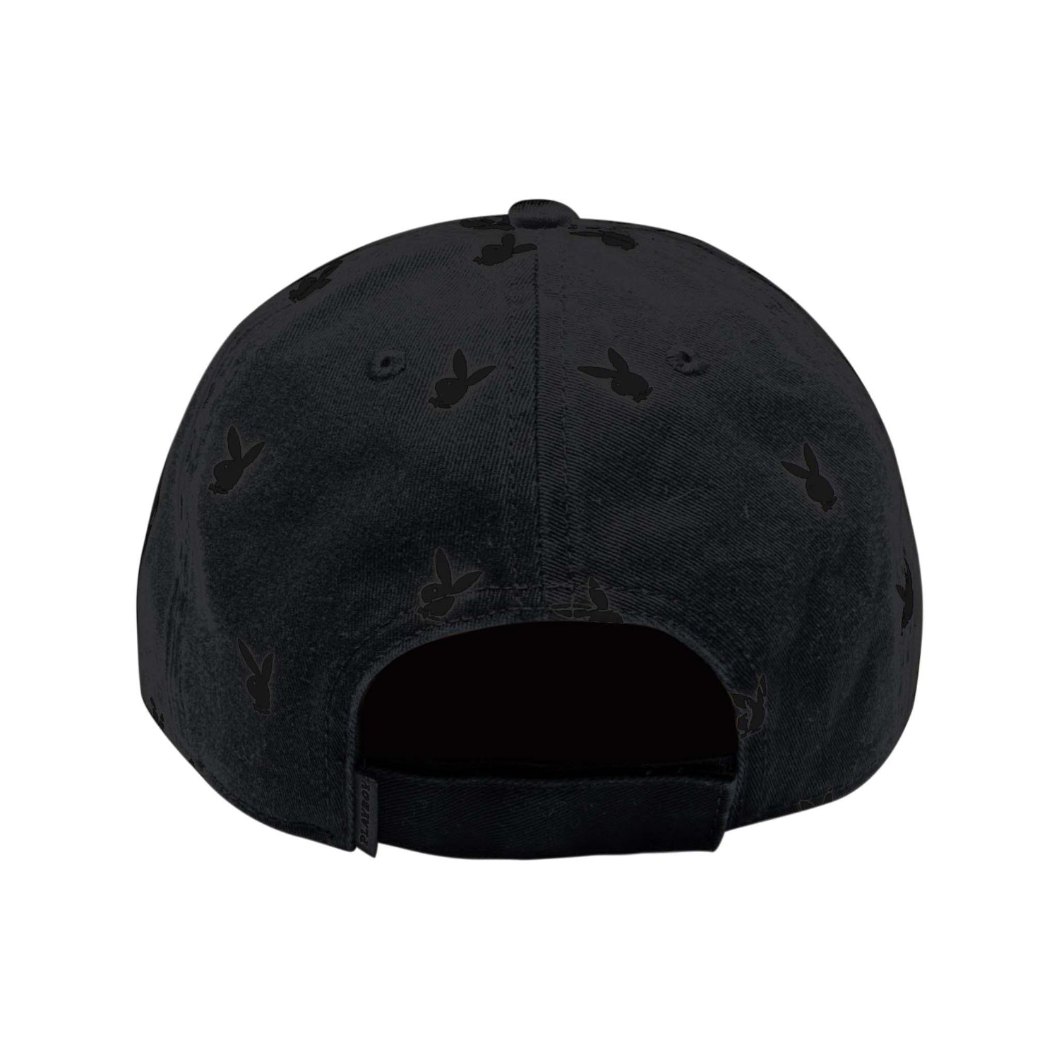 Back view of black cap with all-over rabbit head pattern and adjustable strap